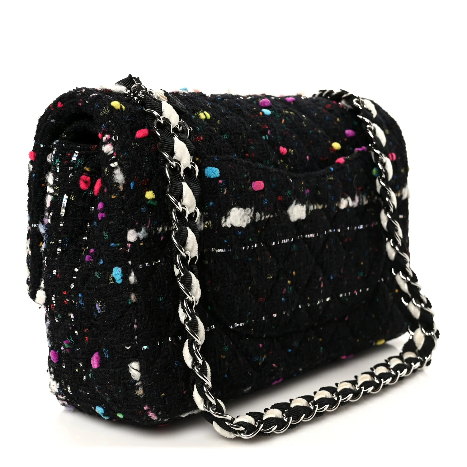 Tweed Quilted Medium Double Flap Black White Yellow Pink - Image 3