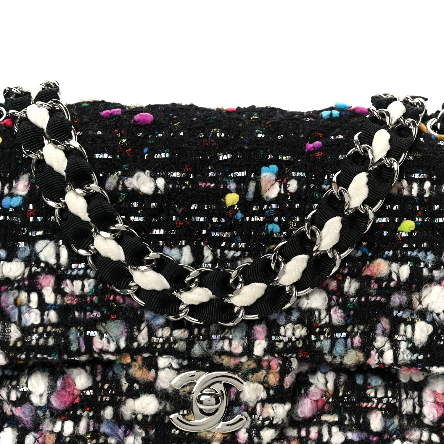 Tweed Quilted Medium Double Flap Black White Yellow Pink - Image 9