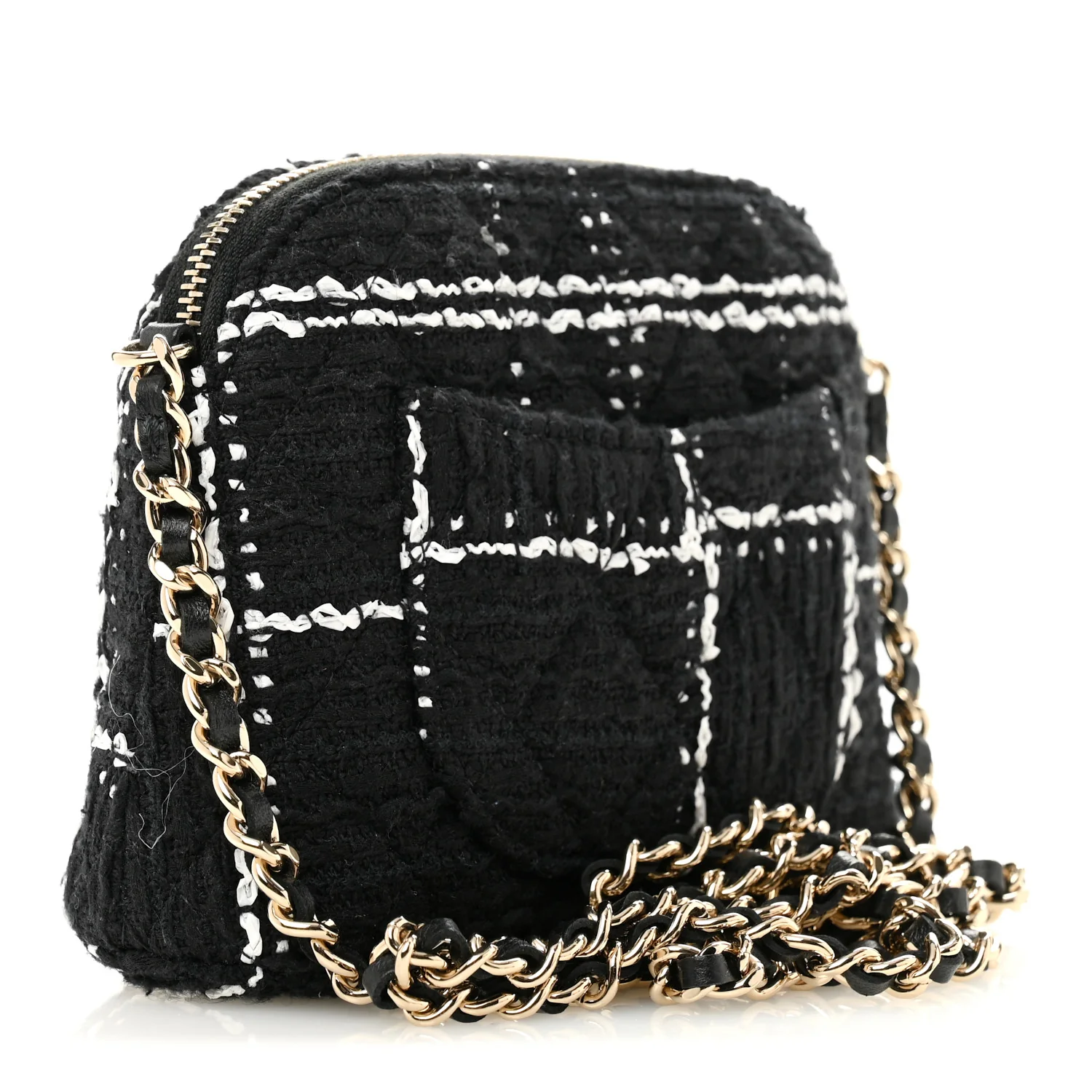Tweed Quilted Mini Clutch With Chain Black White - Image 3