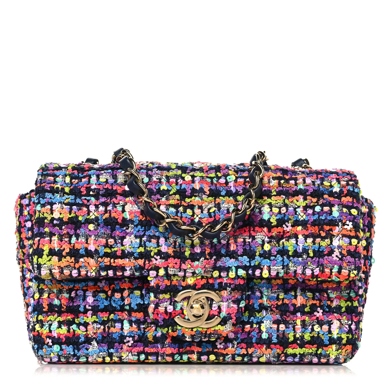 Tweed Quilted Mini Rectangular Flap Navy Blue Multicolor