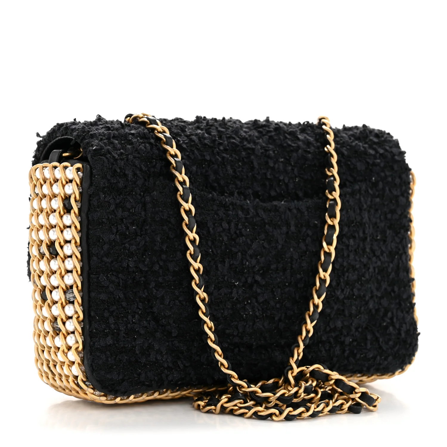Tweed Quilted Mini Side Pearl Flap Bag Black - Image 6
