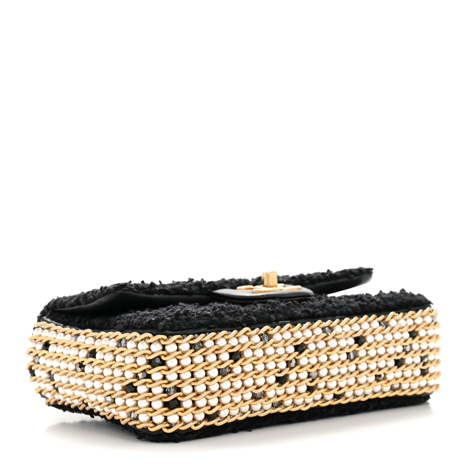 Tweed Quilted Mini Side Pearl Flap Bag Black - Image 9