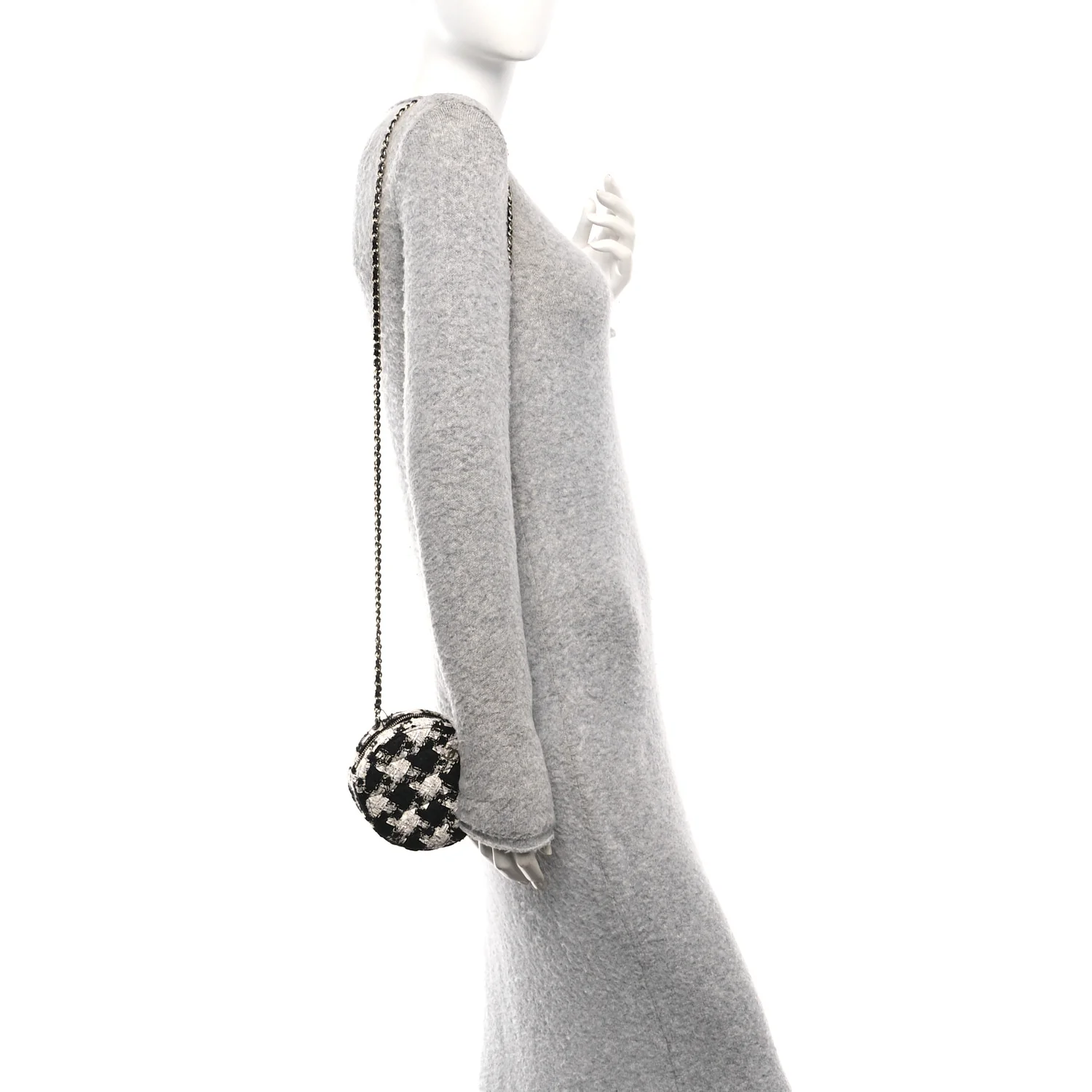 Tweed Quilted Round Clutch With Chain Black Ecru White - Image 2