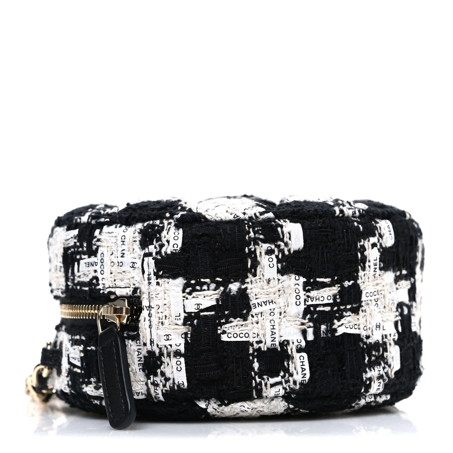 Tweed Quilted Round Clutch With Chain Black Ecru White - Image 4
