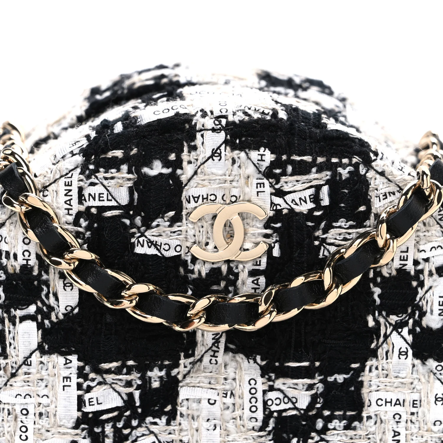 Tweed Quilted Round Clutch With Chain Black Ecru White - Image 8