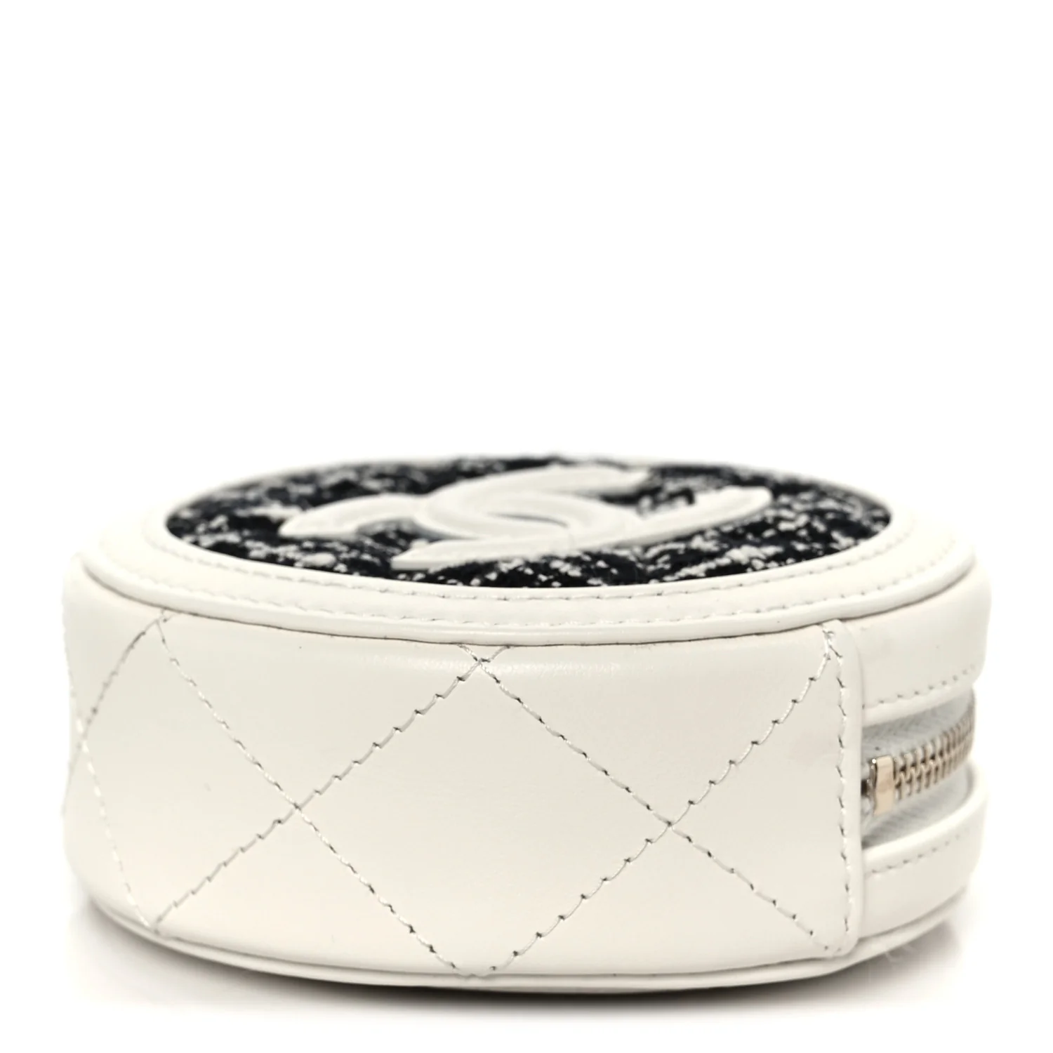 Tweed Quilted Round Filigree Pouch With Chain White Black - Image 4