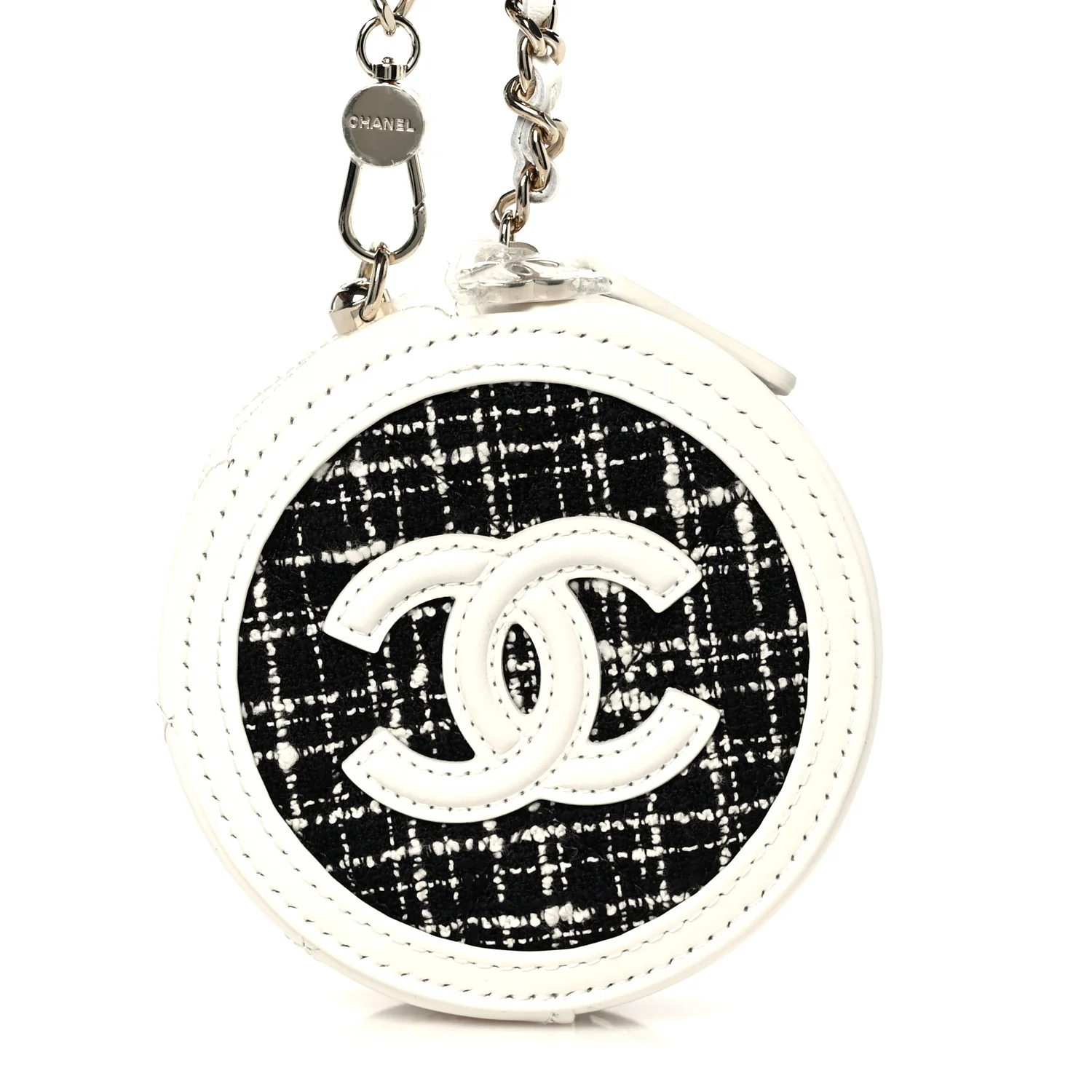 Tweed Quilted Round Filigree Pouch With Chain White Black - Image 8