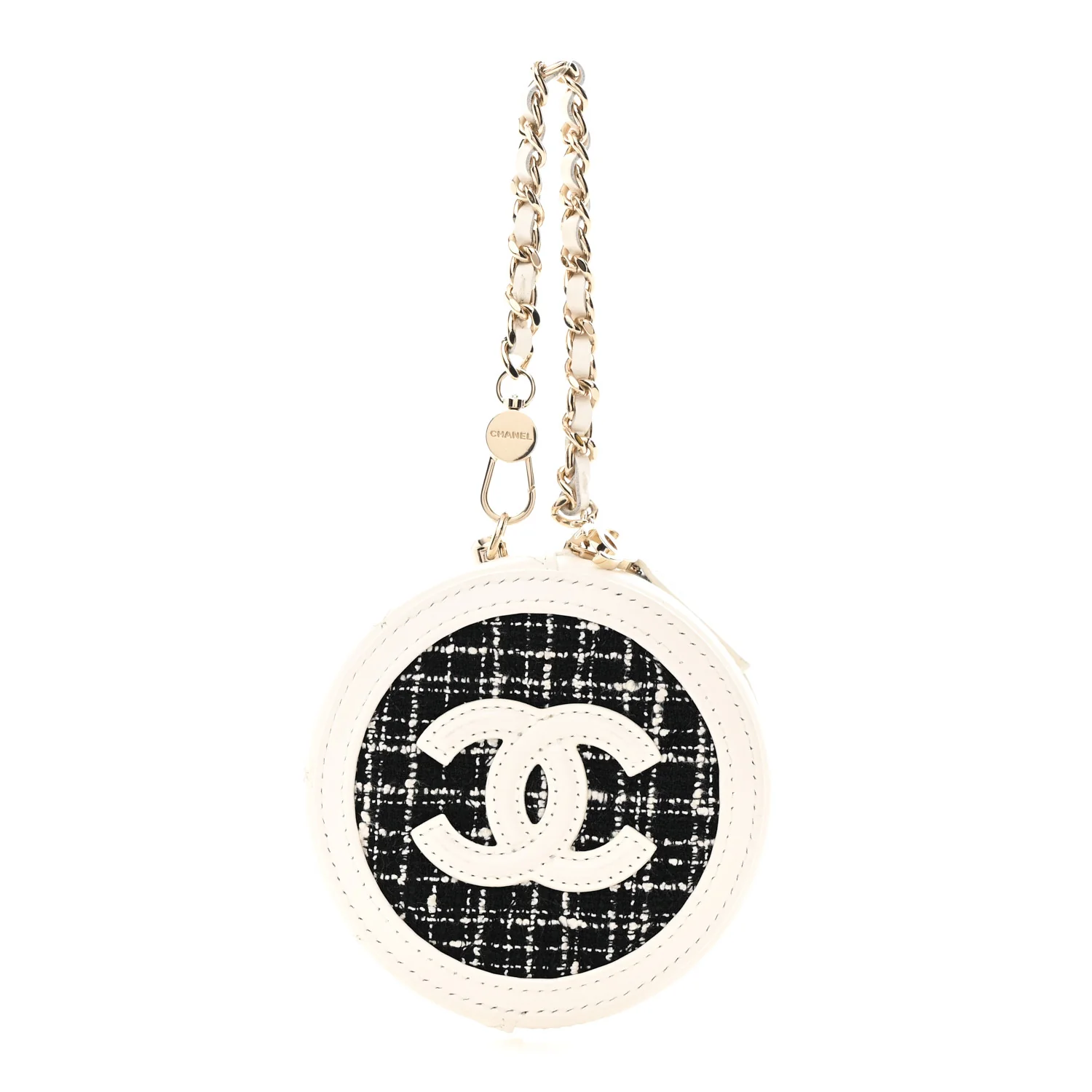 Tweed Quilted Round Filigree Pouch With Chain White Black