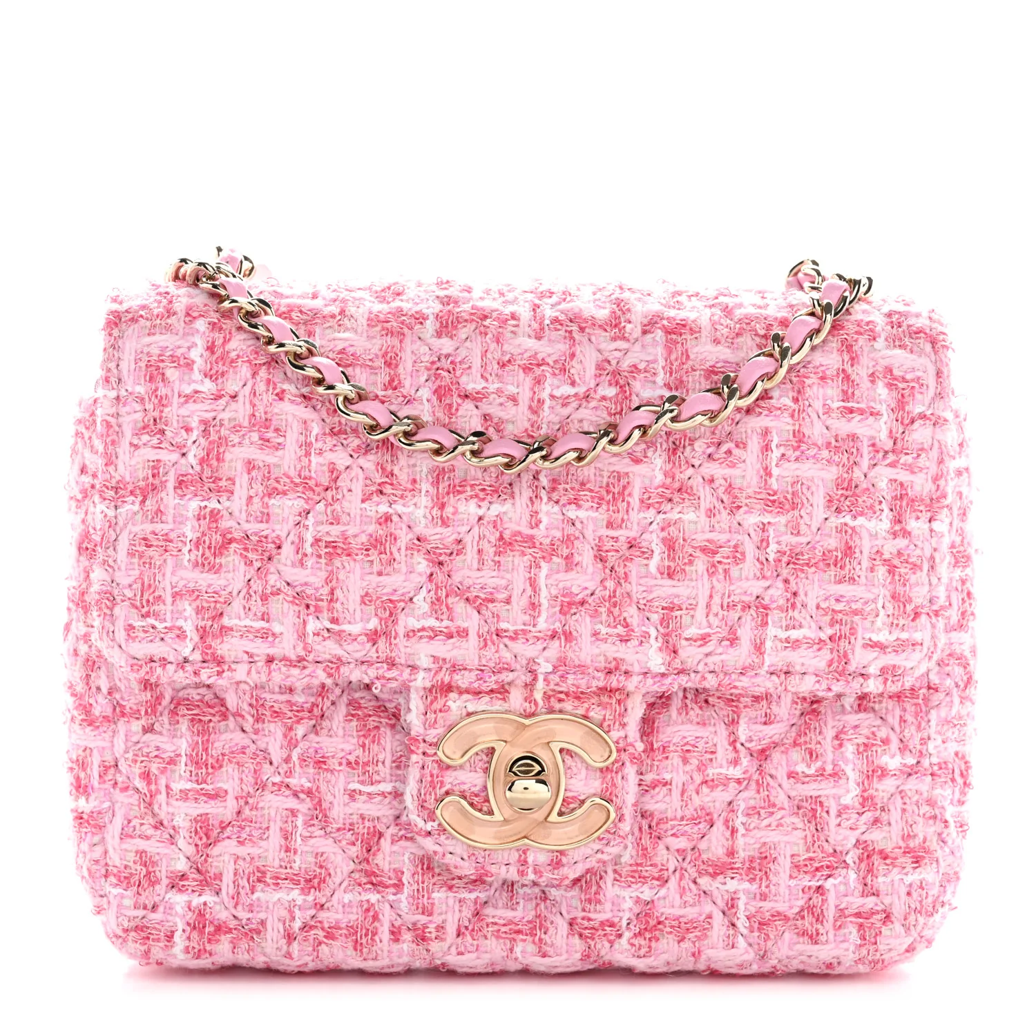 Tweed Resin Quilted Mini Heart Square Flap Pink White