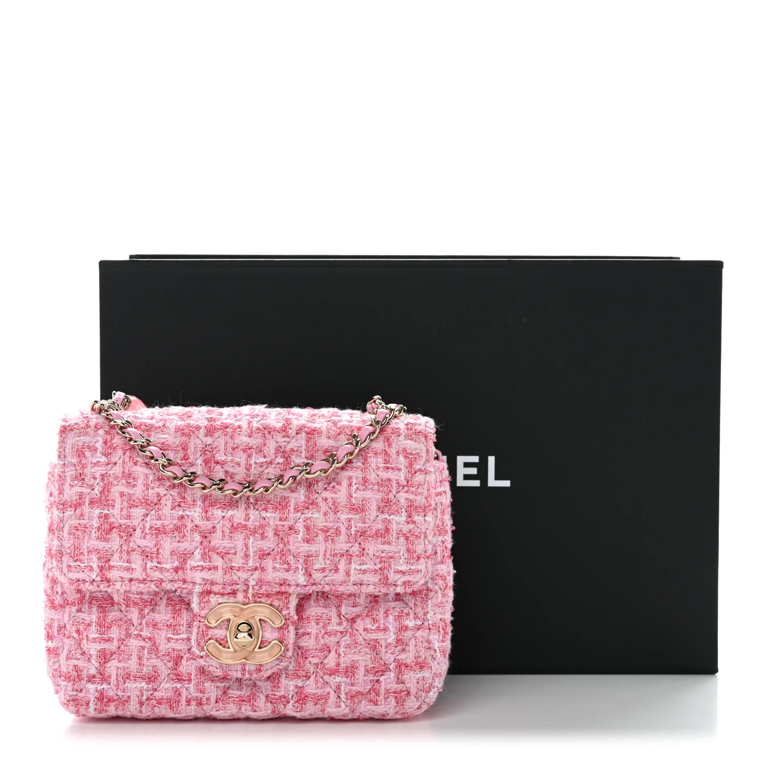 Tweed Resin Quilted Mini Heart Square Flap Pink White - Image 11