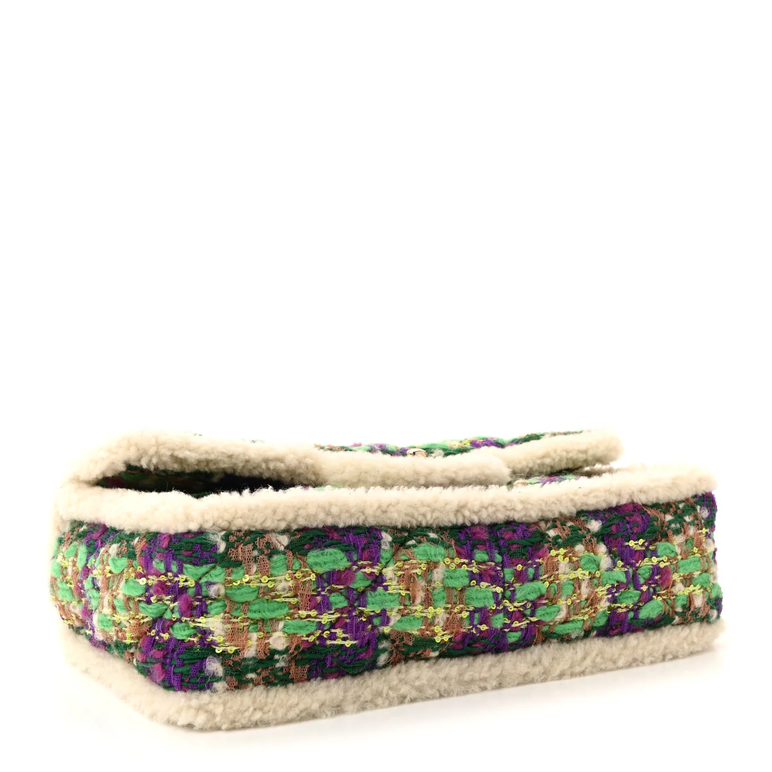 Tweed Shearling Large Flap Bag Green Purple Ecru Brown - Image 4