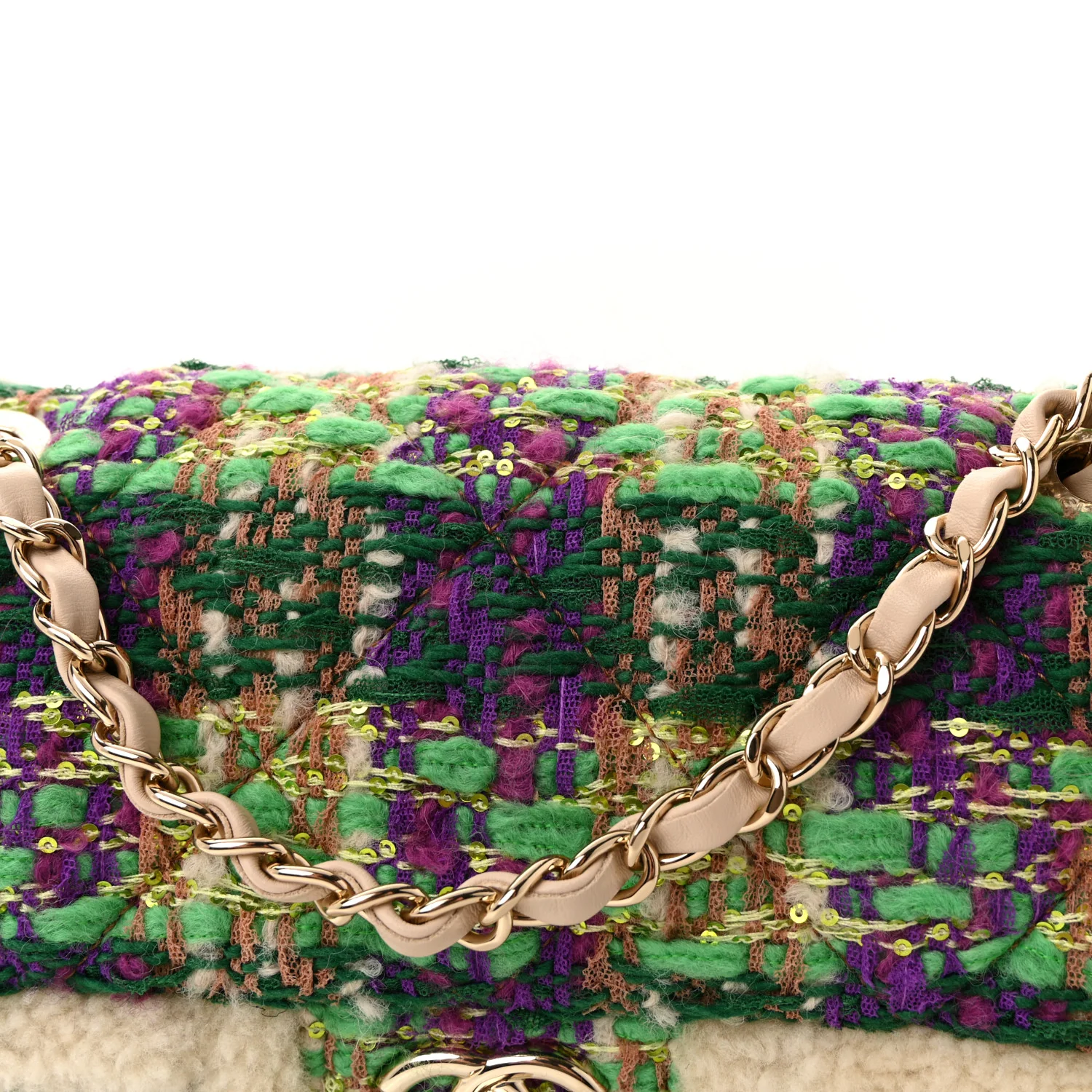 Tweed Shearling Large Flap Bag Green Purple Ecru Brown - Image 8