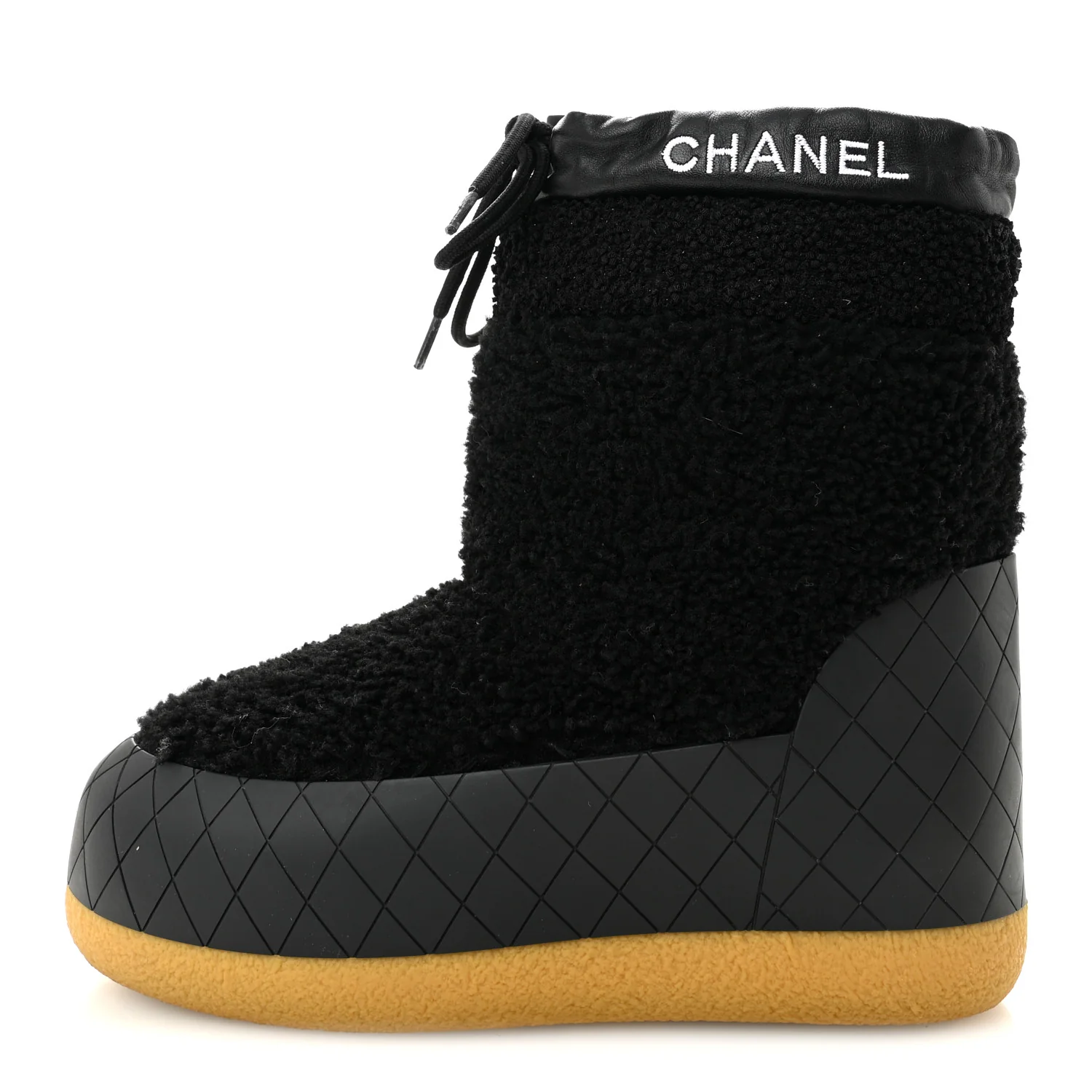 Tweed Shearling Sheepskin Drawstring Snow Ankle Boots 36 Black