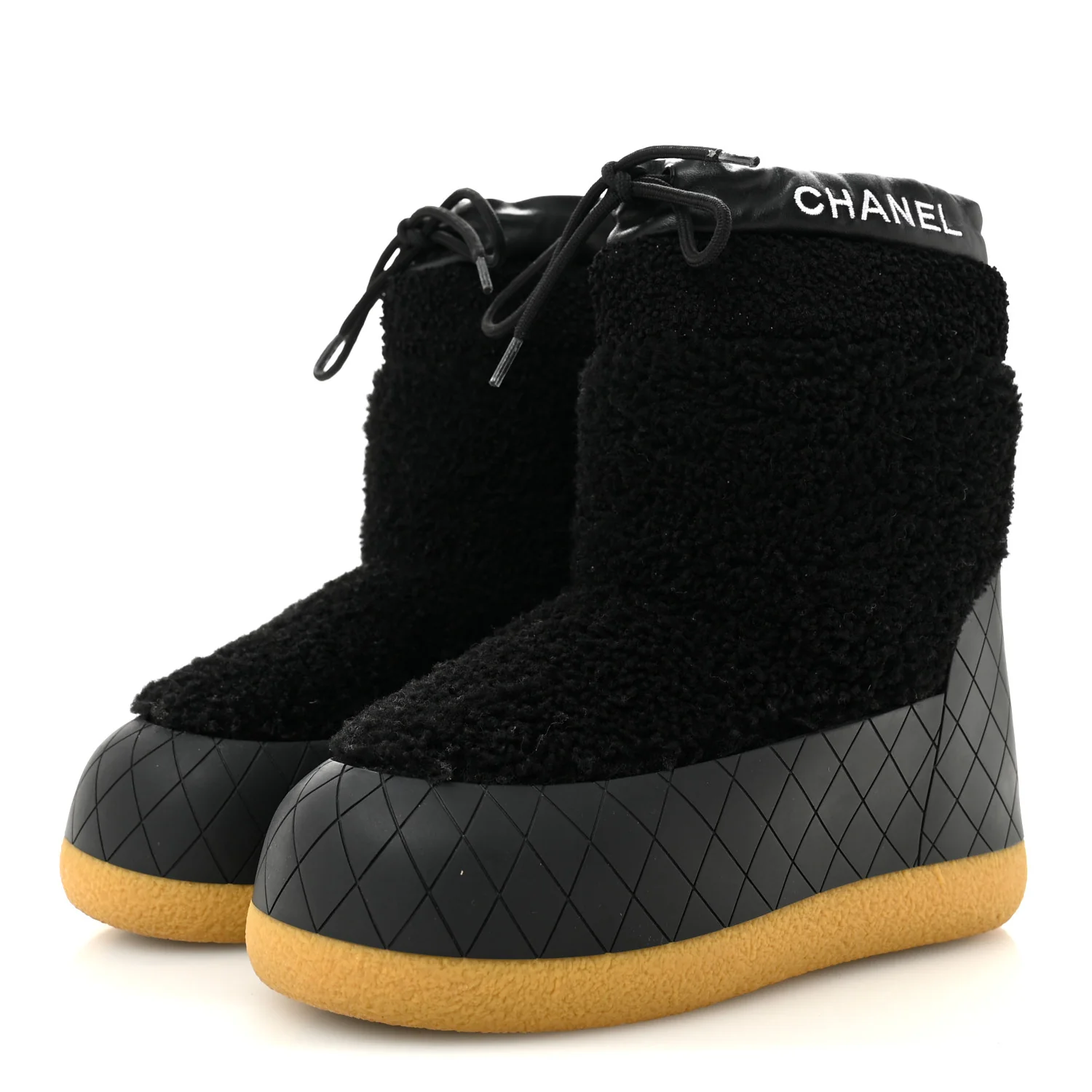 Tweed Shearling Sheepskin Drawstring Snow Ankle Boots 36 Black - Image 4
