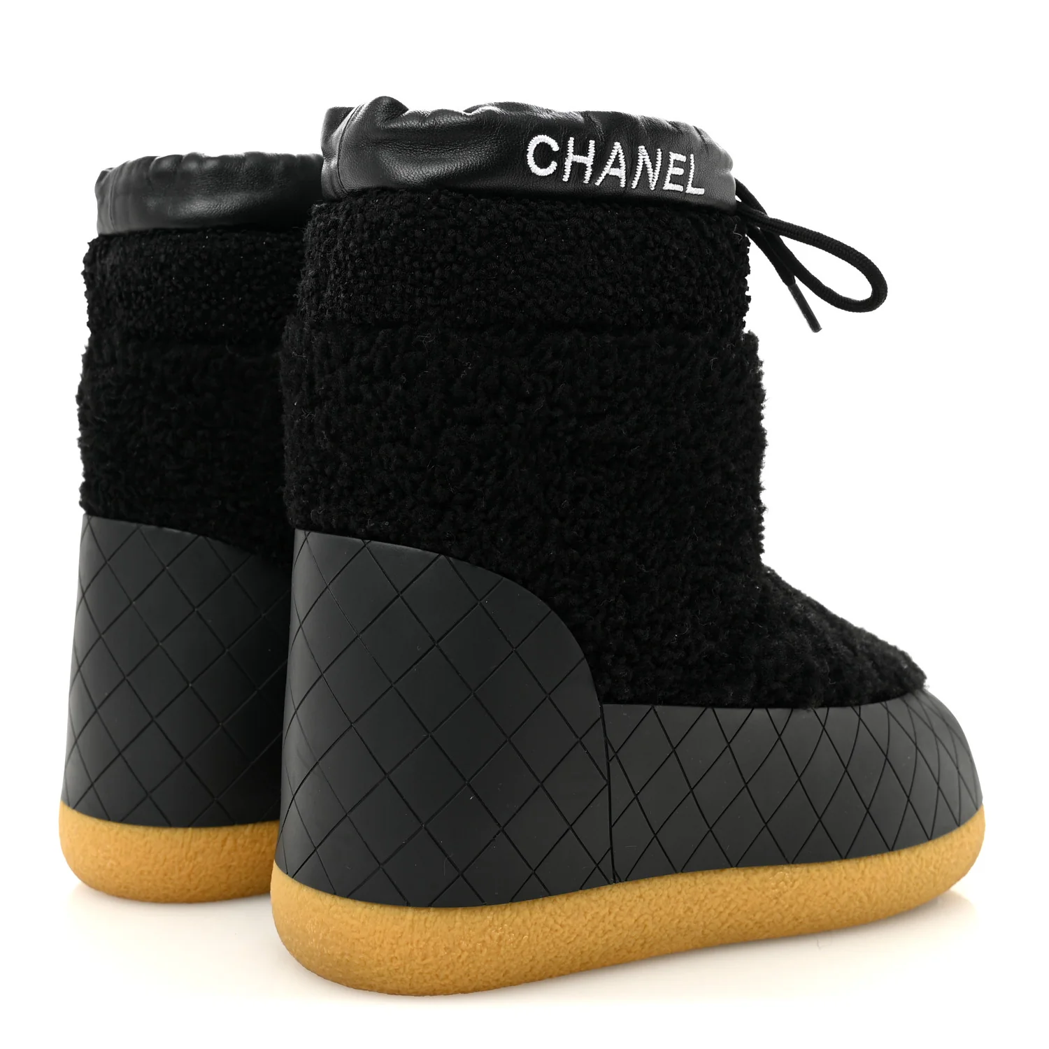 Tweed Shearling Sheepskin Drawstring Snow Ankle Boots 36 Black - Image 5