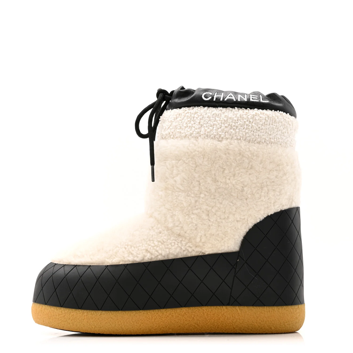 Tweed Shearling Sheepskin Drawstring Snow Ankle Boots 36 White