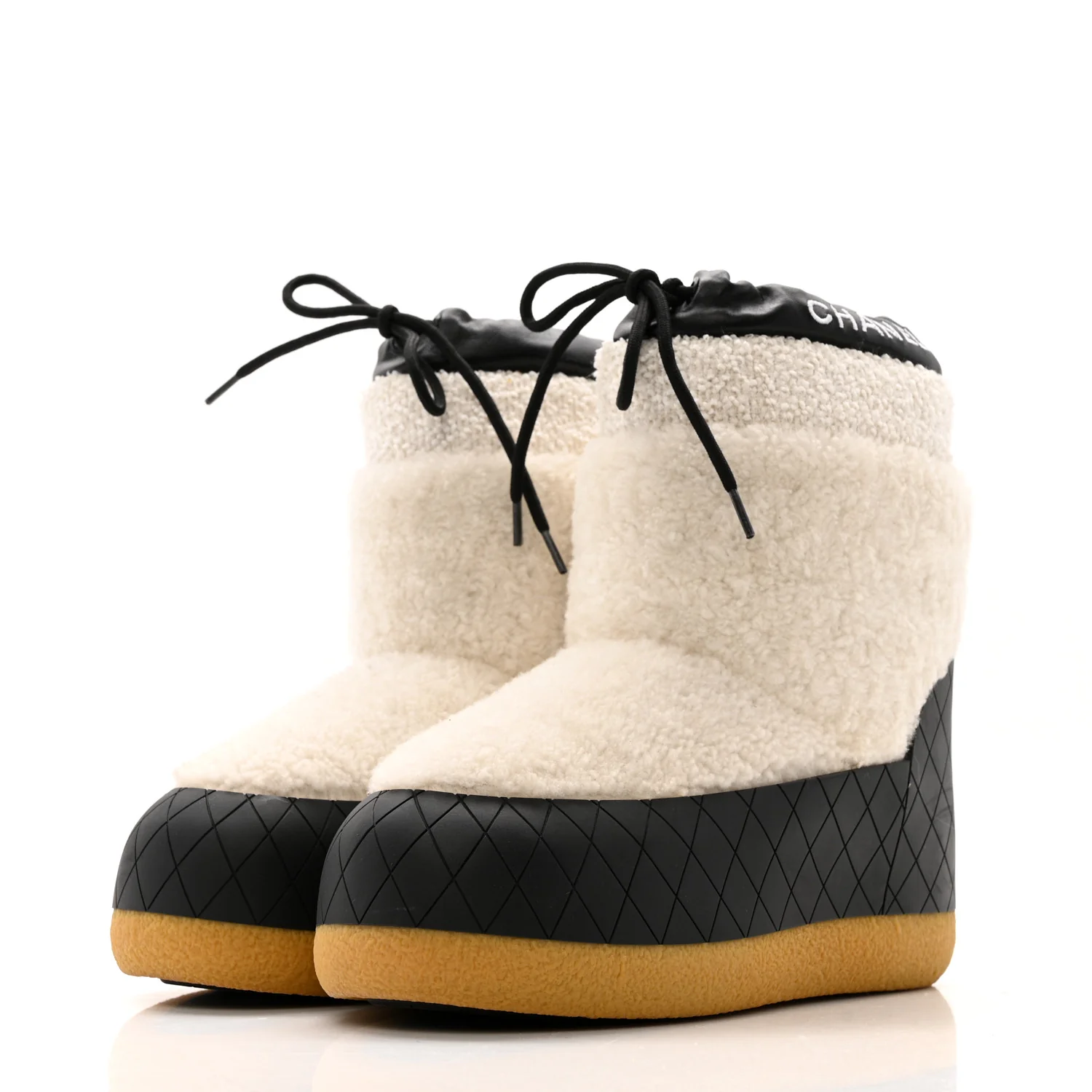 Tweed Shearling Sheepskin Drawstring Snow Ankle Boots 36 White - Image 4