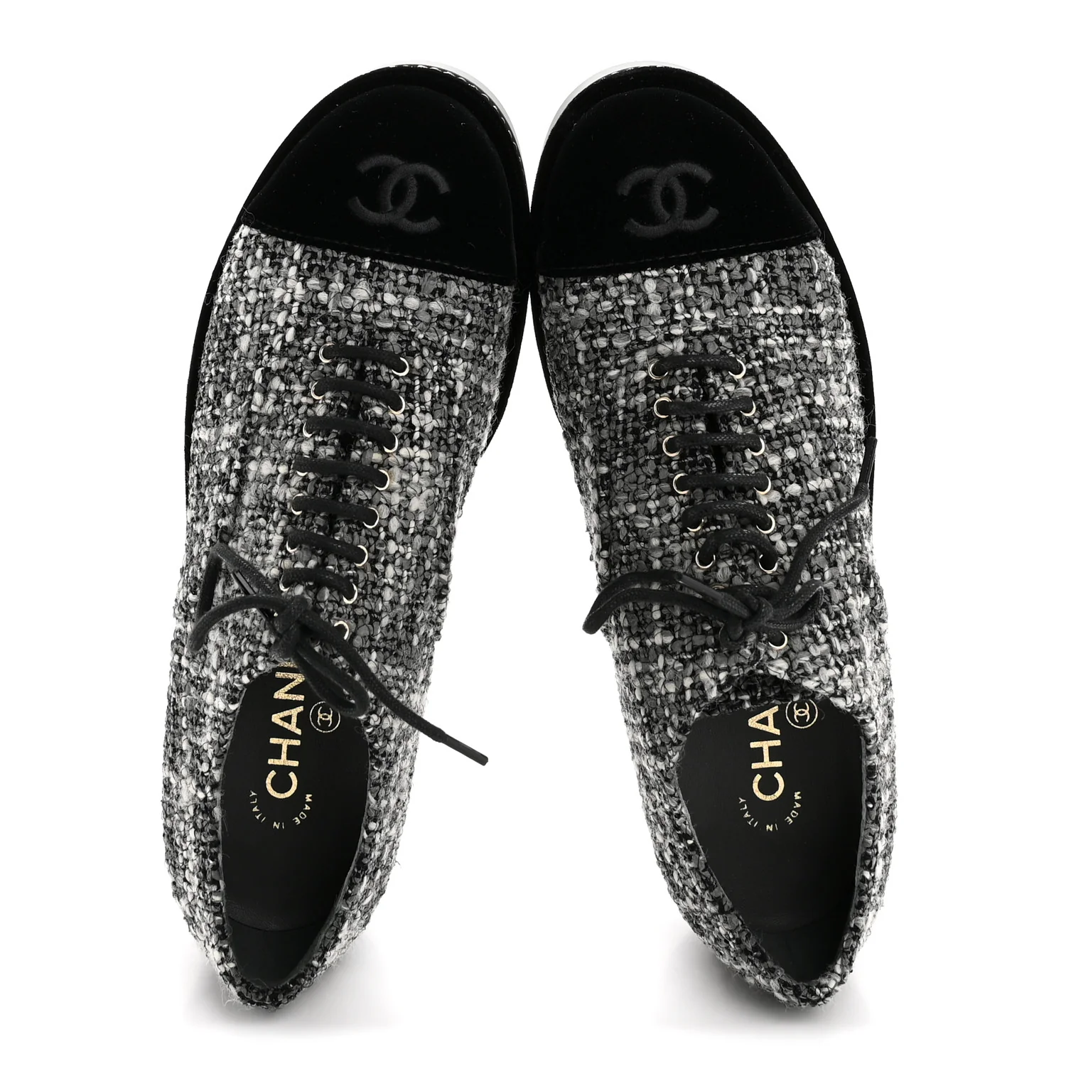Tweed Suede CC Lace Up Oxfords 38.5 Grey Black - Image 2