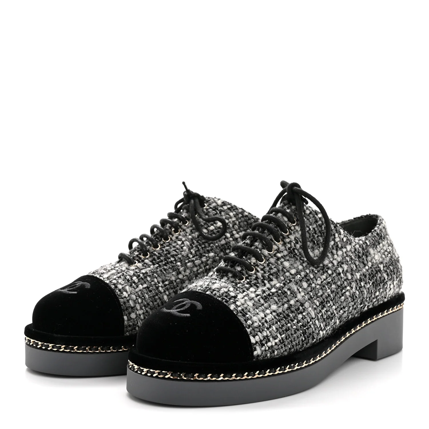 Tweed Suede CC Lace Up Oxfords 38.5 Grey Black - Image 4