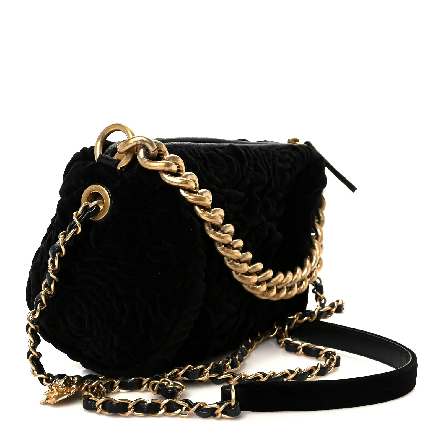 Velvet Camellia Embossed Barrel Clutch With Chain  Black - Image 3