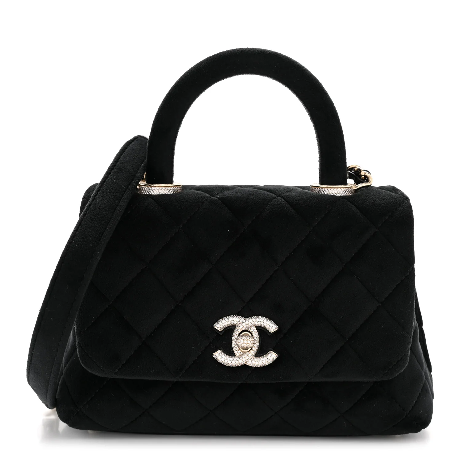 Velvet Crystal Quilted Extra Mini Coco Handle Flap Black