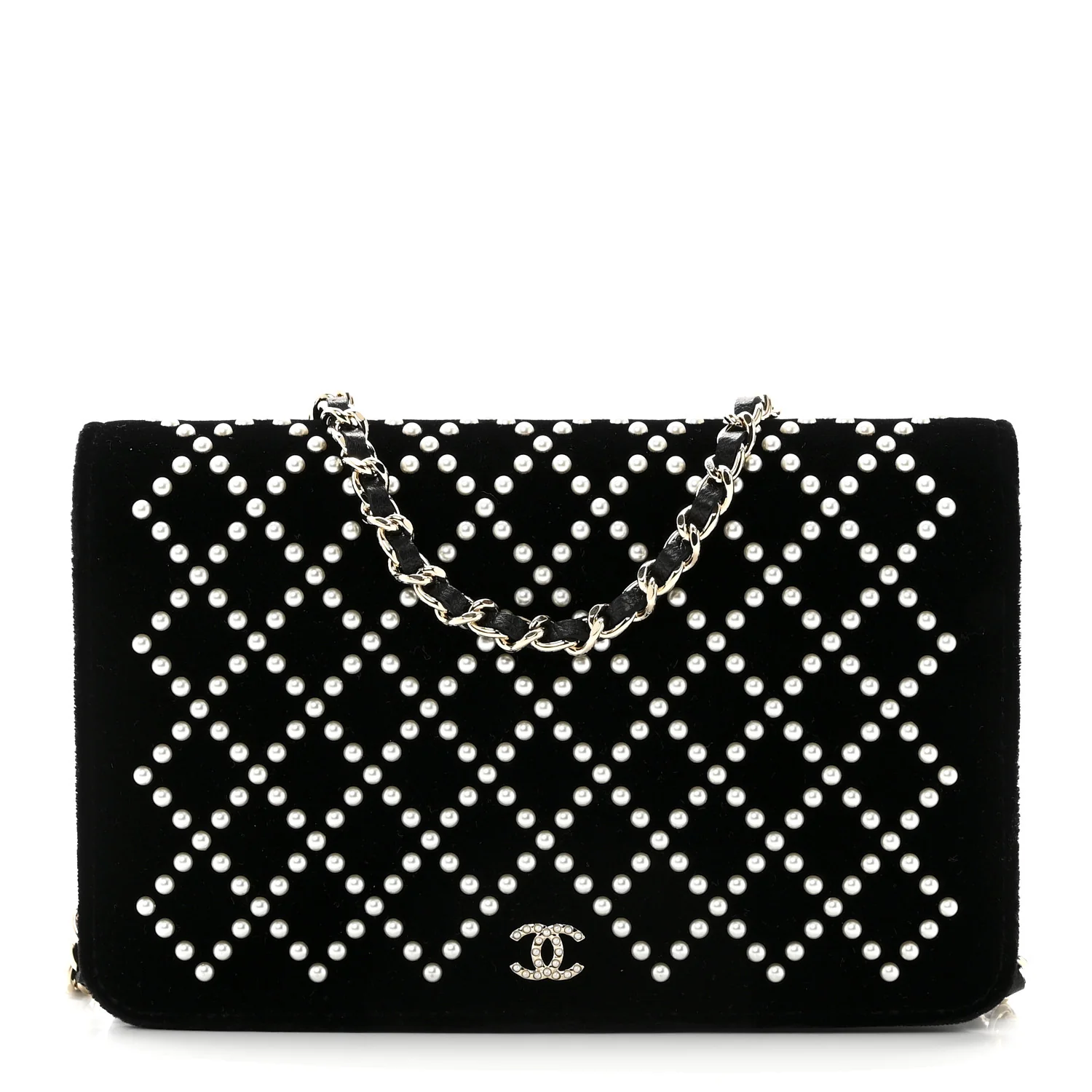 Velvet Pearl Diamond Embellished Wallet On Chain WOC Black