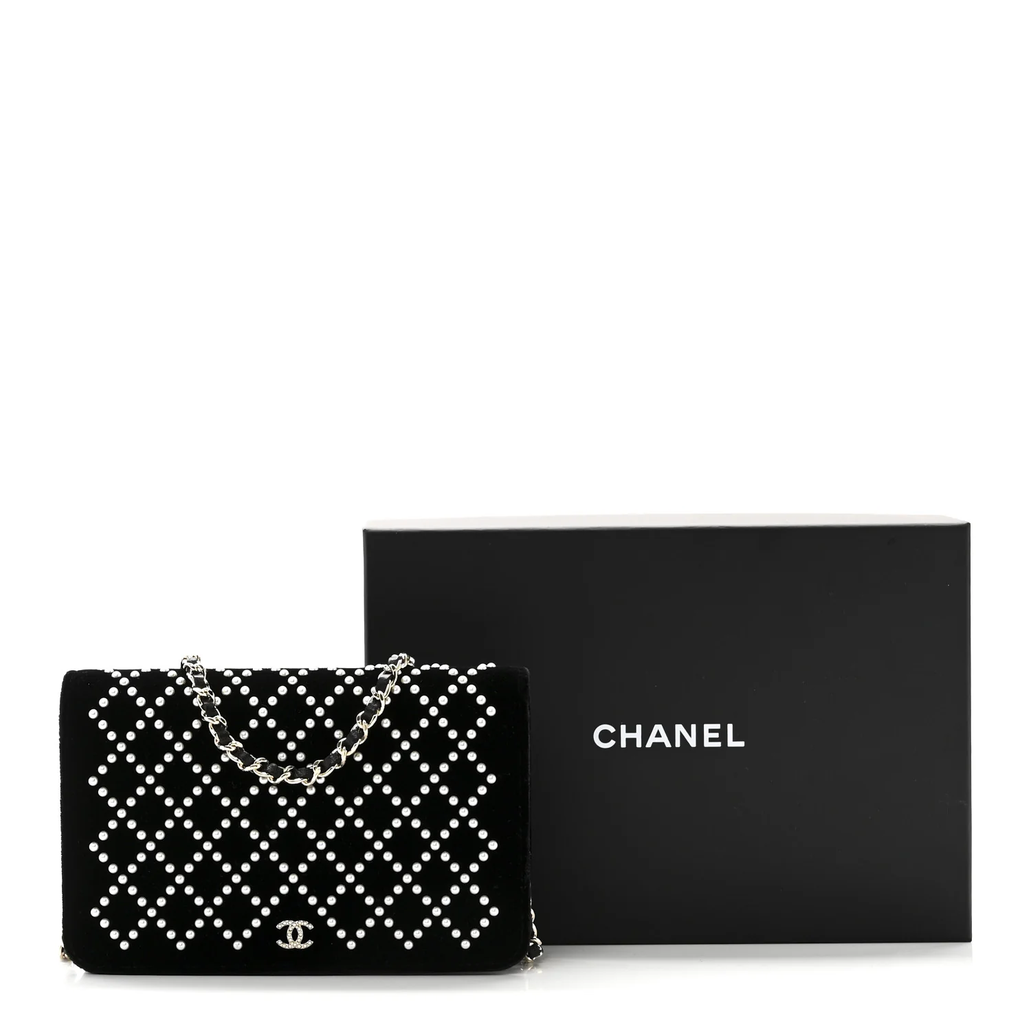 Velvet Pearl Diamond Embellished Wallet On Chain WOC Black - Image 12