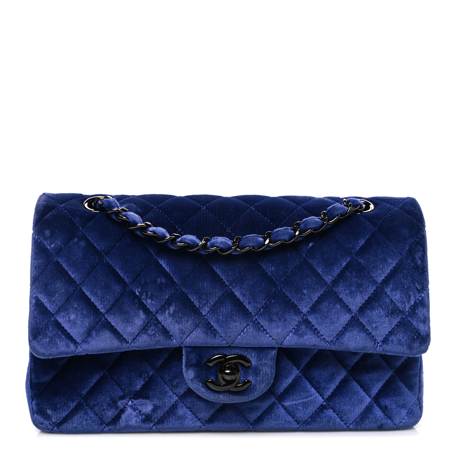 Velvet Quilted Medium Double Flap Navy Blue