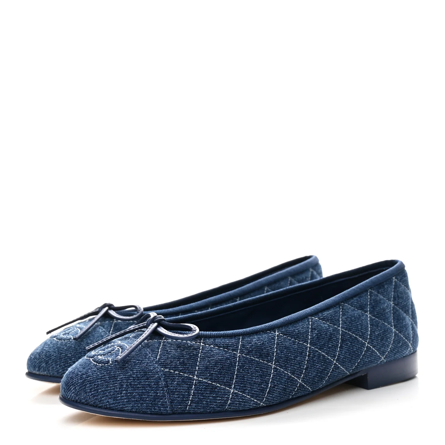 Washed Denim Quilted Cap Toe CC Ballerina Flats 36.5 Blue - Image 4