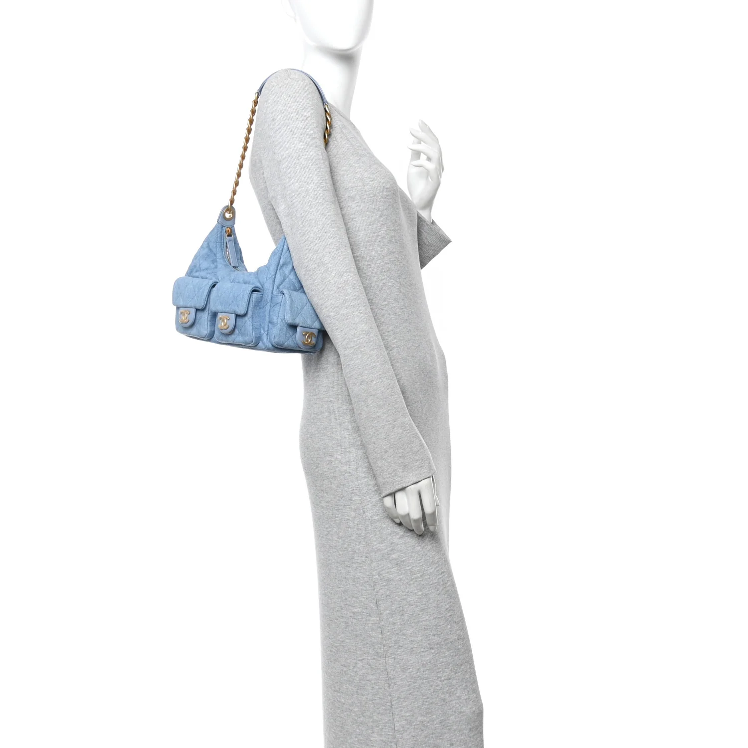 Washed Denim Quilted Large Trendy Pockets Hobo Blue - Image 2