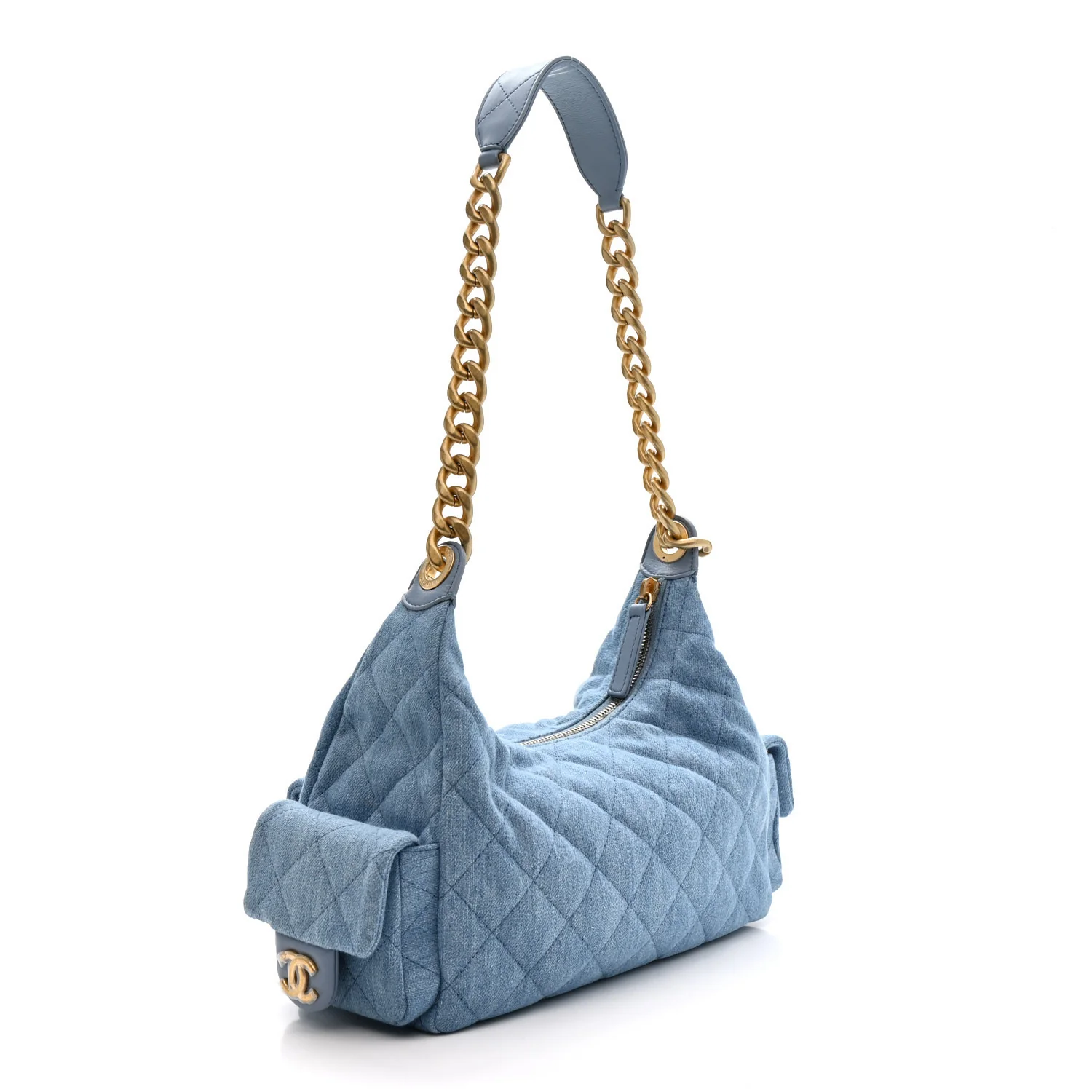 Washed Denim Quilted Large Trendy Pockets Hobo Blue - Image 3
