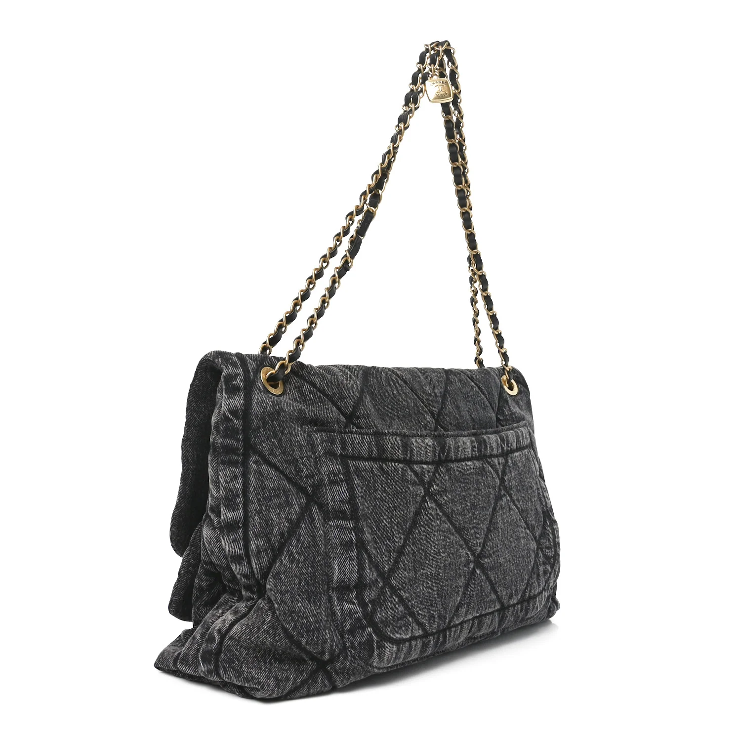 Washed Denim Quilted Maxi Flap Bag Black - Image 3
