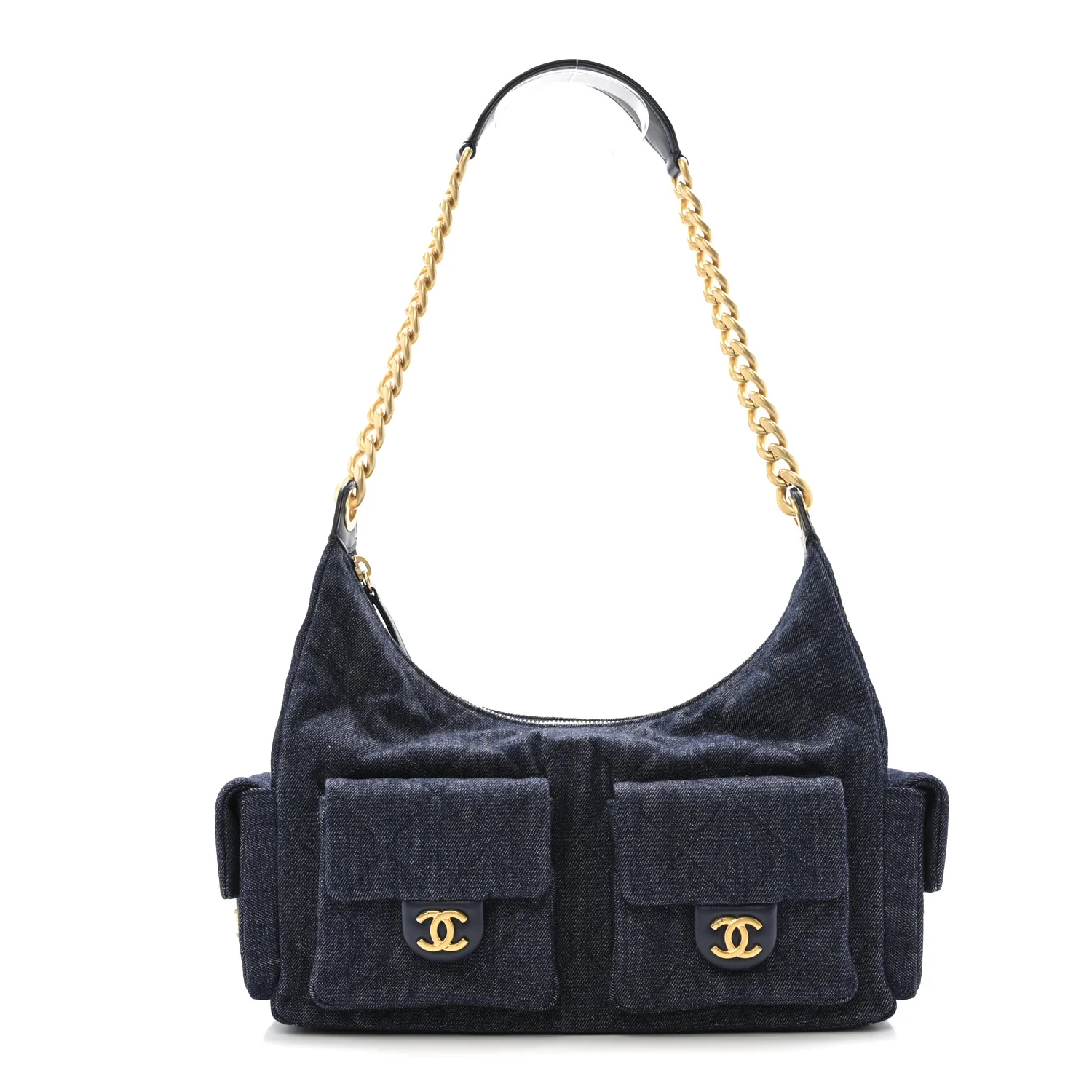 Washed Denim Quilted Maxi Trendy Pockets Hobo Dark Blue