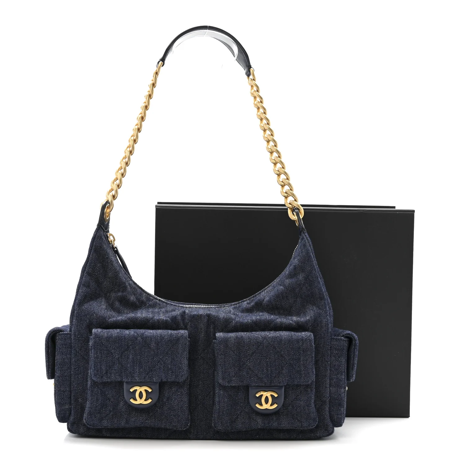 Washed Denim Quilted Maxi Trendy Pockets Hobo Dark Blue - Image 11