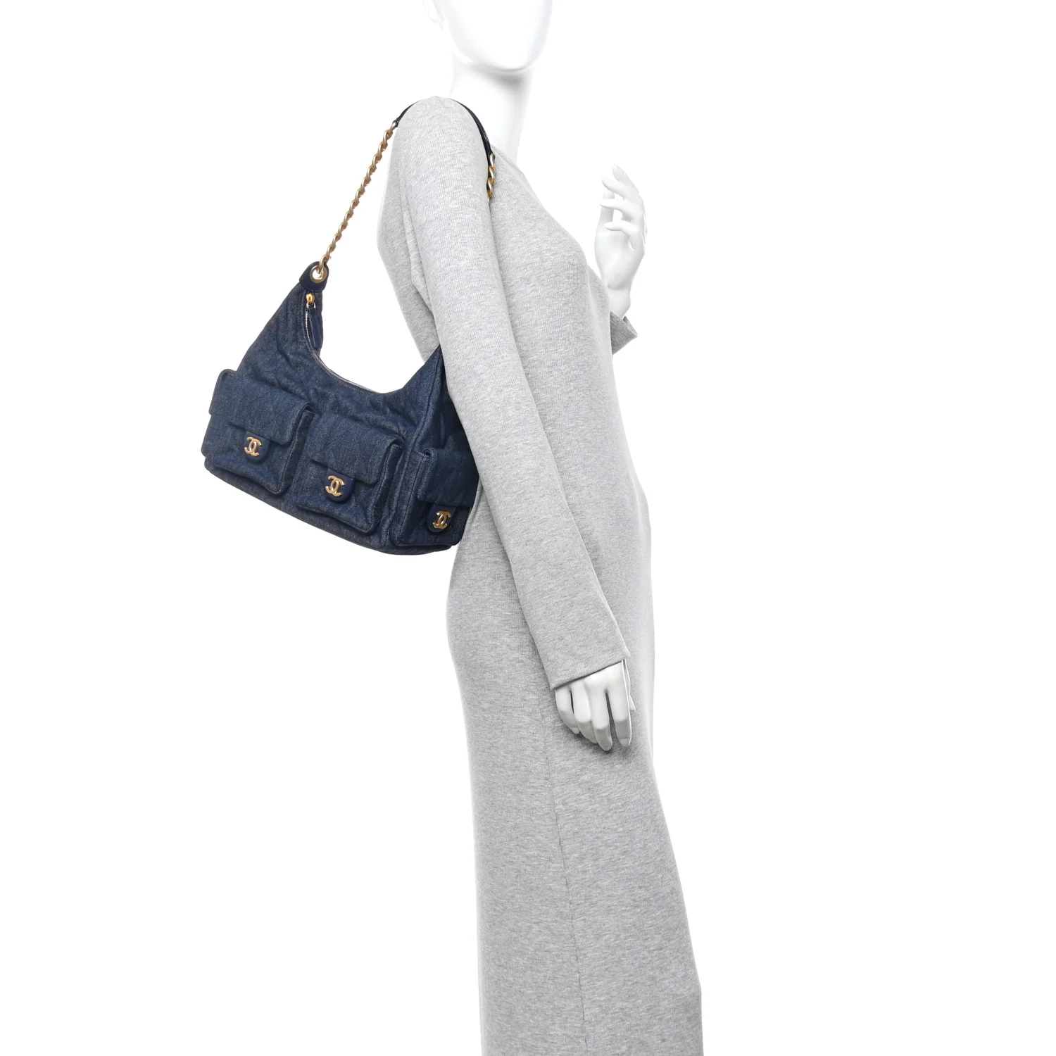 Washed Denim Quilted Maxi Trendy Pockets Hobo Dark Blue - Image 2