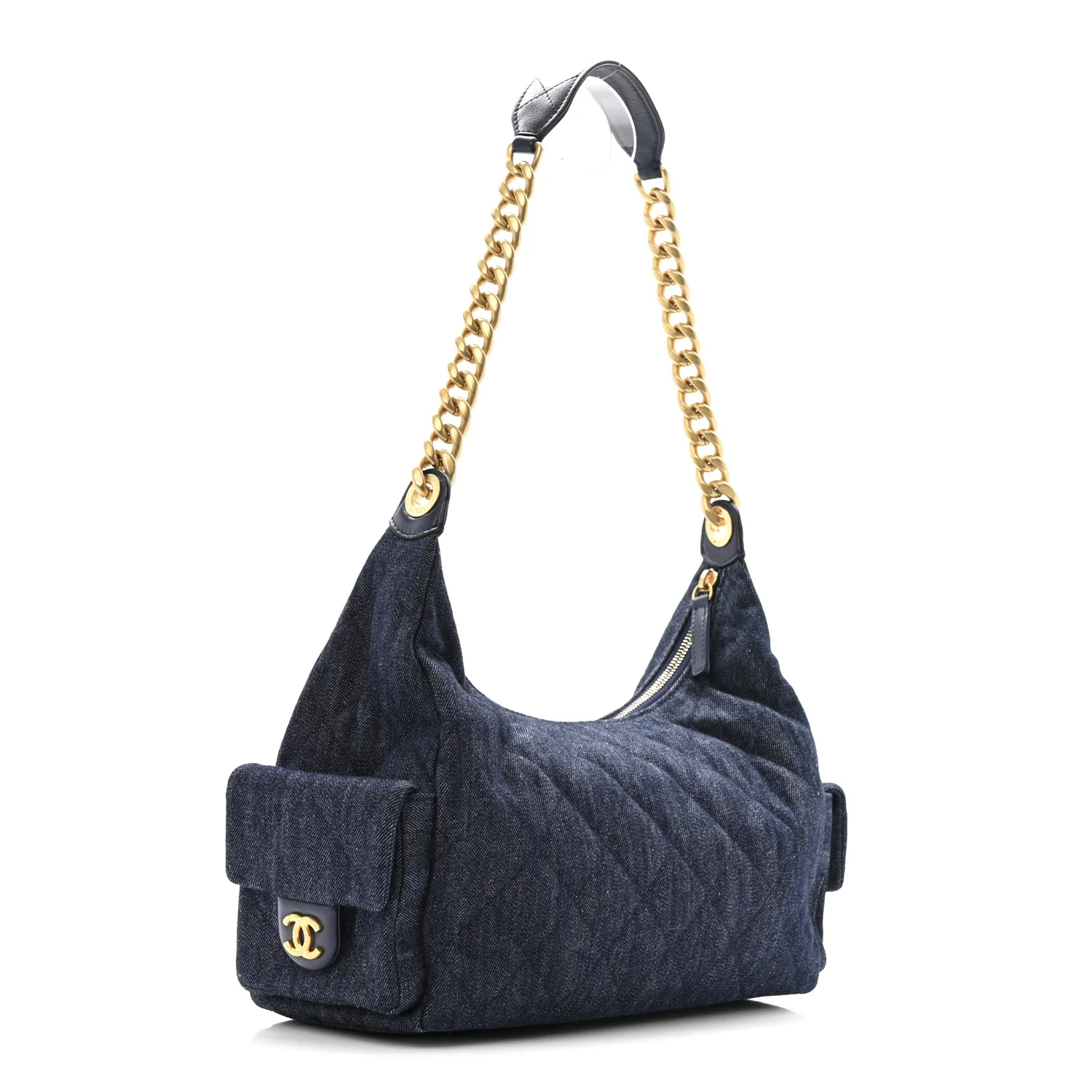Washed Denim Quilted Maxi Trendy Pockets Hobo Dark Blue - Image 3