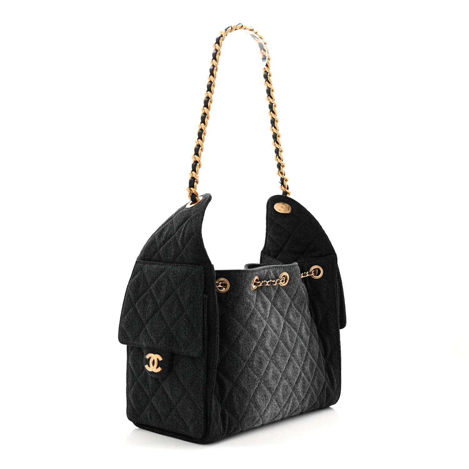 Washed Denim Quilted Small Chanel 25 Handbag Black - Image 4