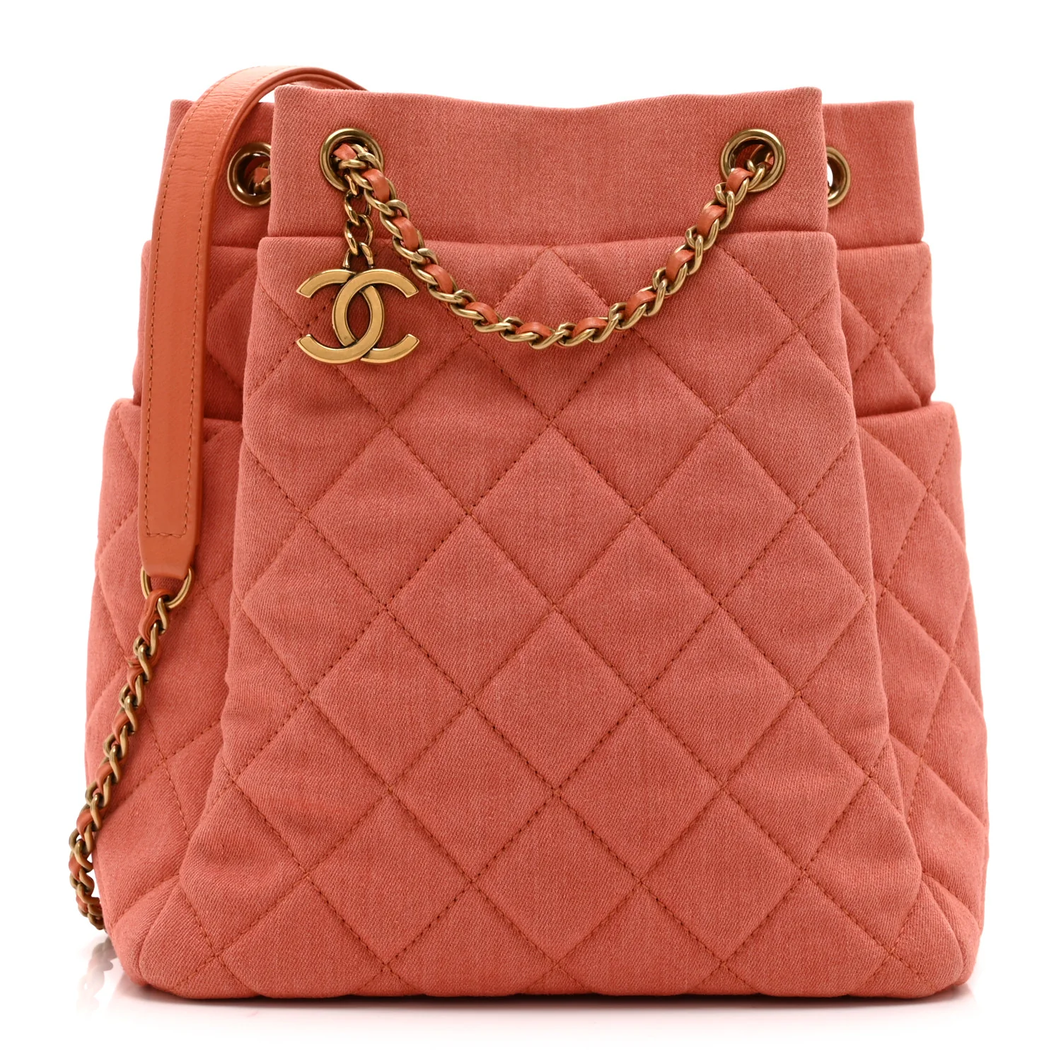 Washed Denim Quilted Small Urban Spirit Drawstring Bag Orange