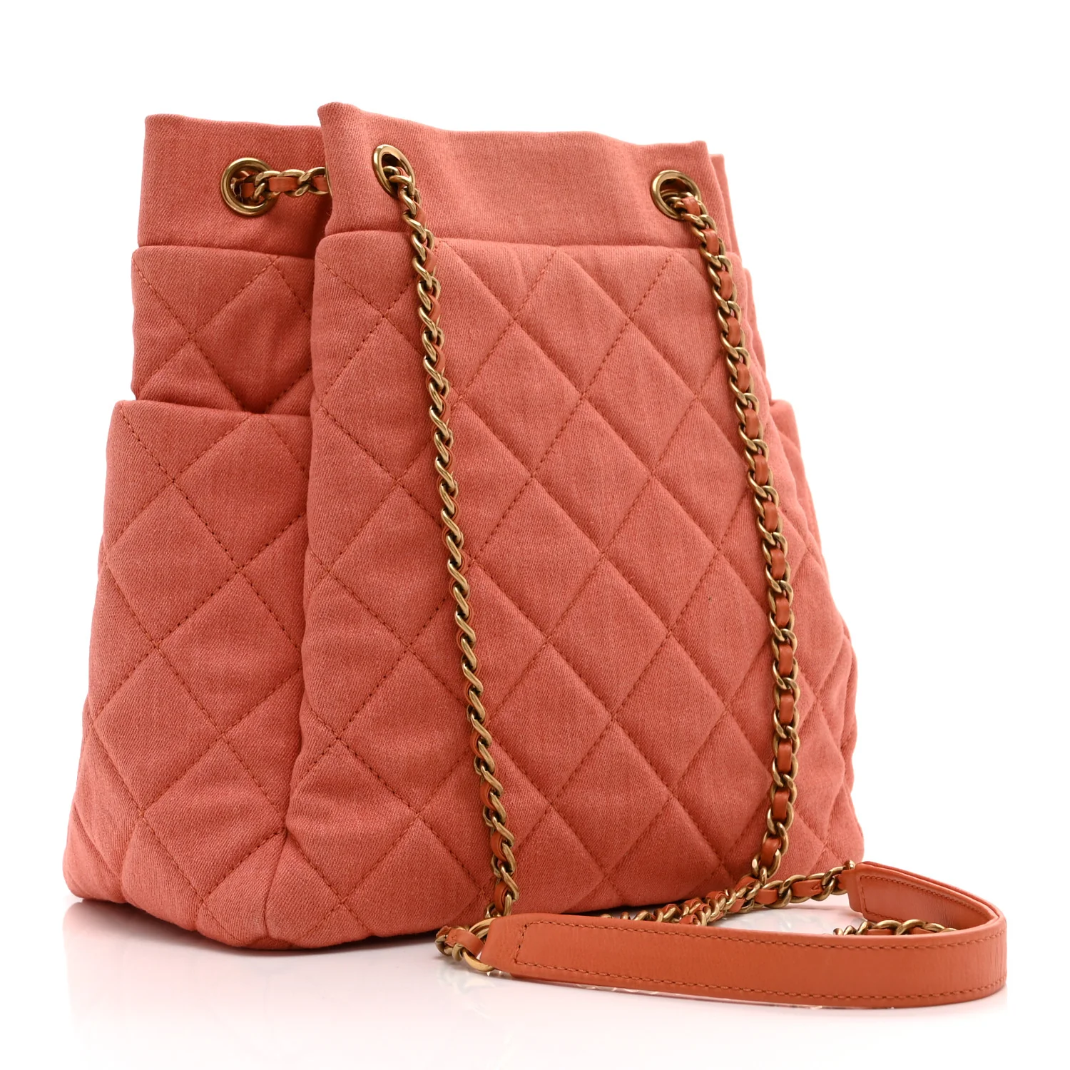 Washed Denim Quilted Small Urban Spirit Drawstring Bag Orange - Image 3