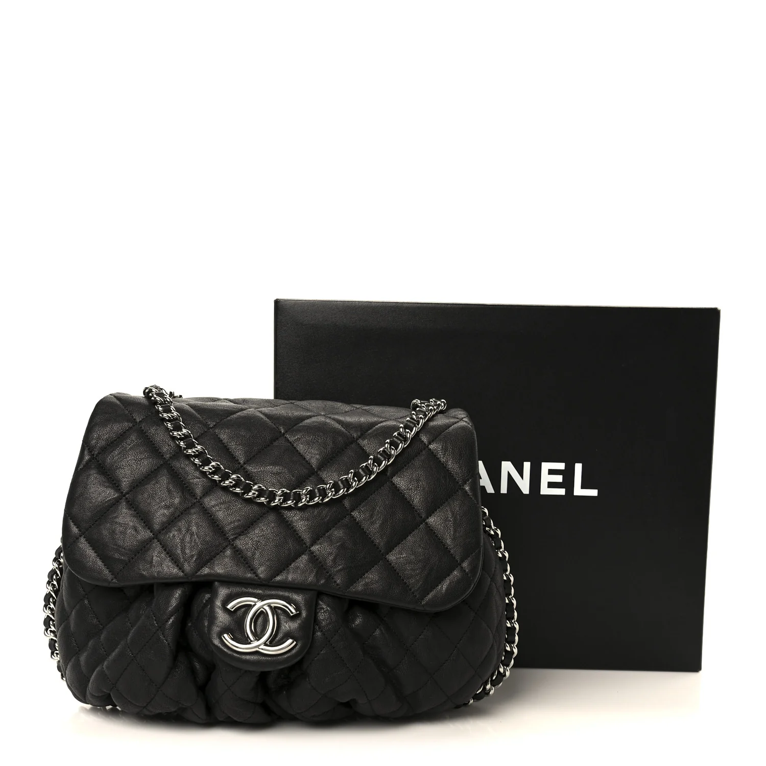 Washed Lambskin Quilted Large Chain Around Messenger Black - Image 11