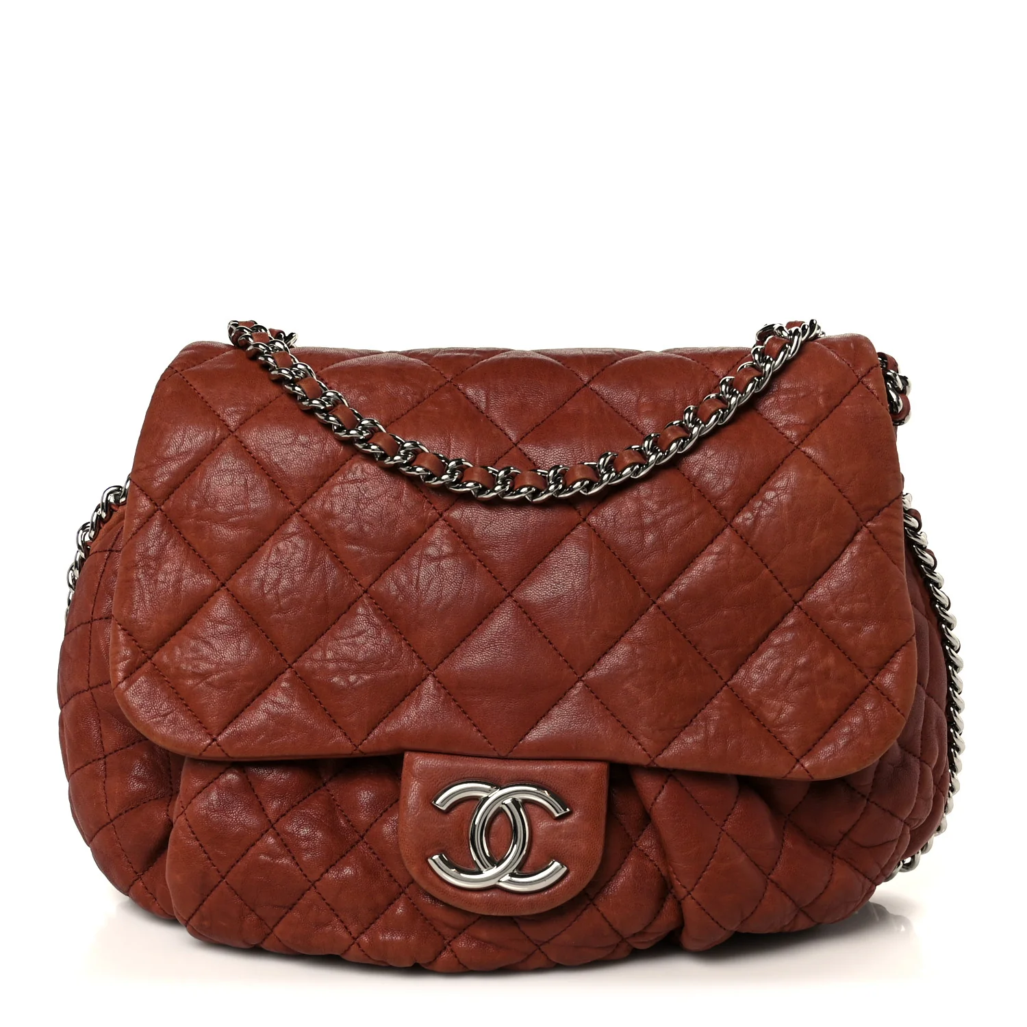 Washed Lambskin Quilted Medium Chain Around Messenger Brown