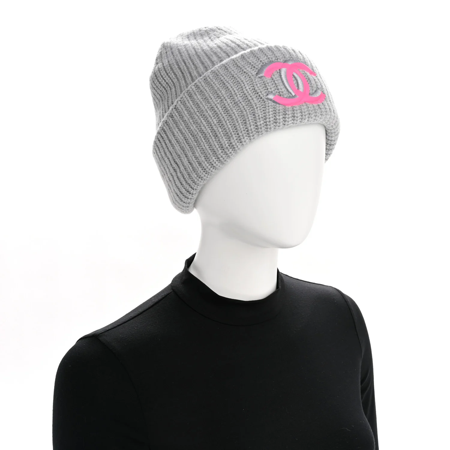 Wool Cashmere CC Beanie Hat Light Grey Fuchsia - Image 4