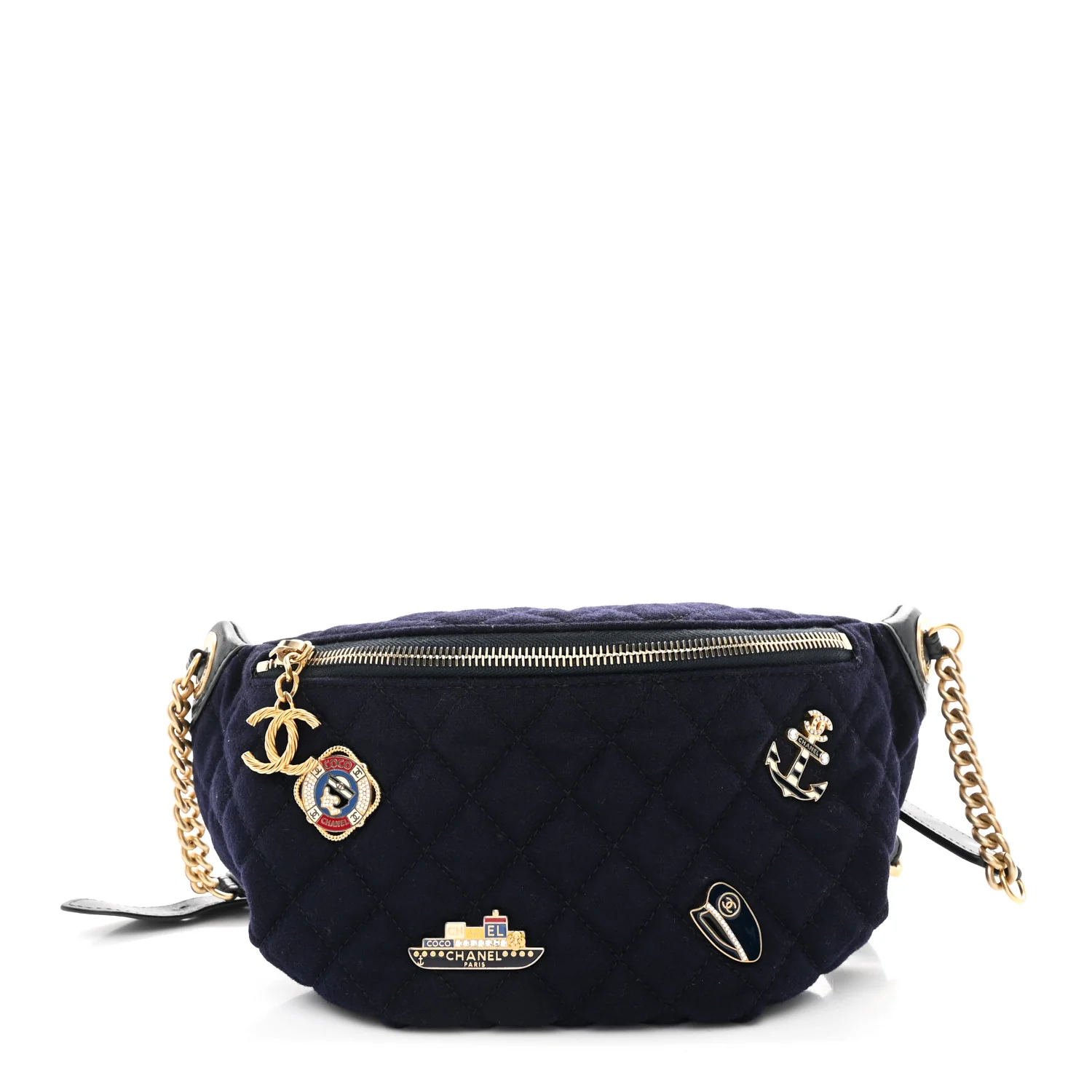 Wool Lambskin Quilted Paris Hamburg Charms Waist Bag Dark Navy