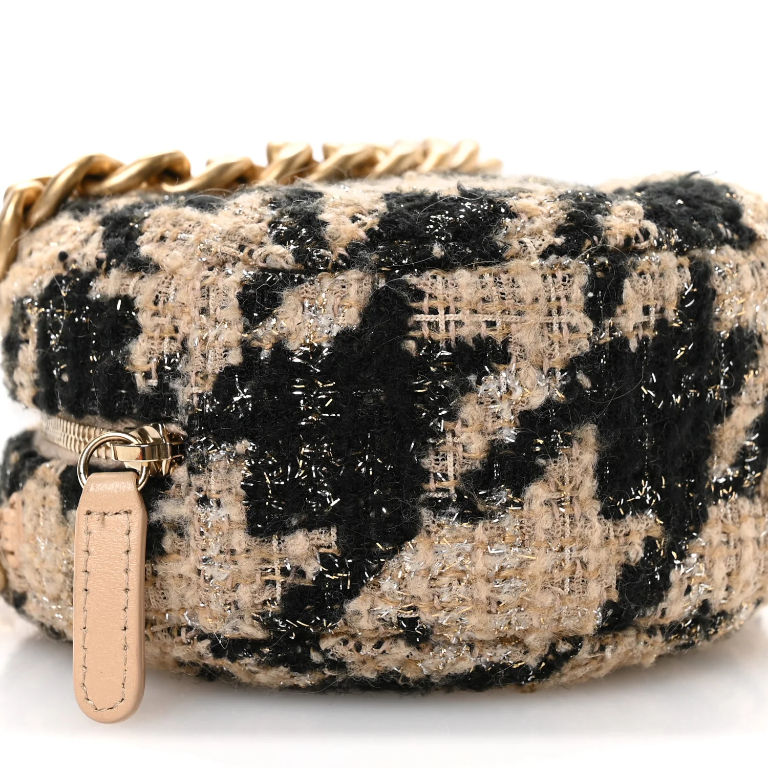 Wool Tweed Lambskin Quilted Chanel 19 Round Clutch With Chain and Coin Purse Beige Black - Image 11