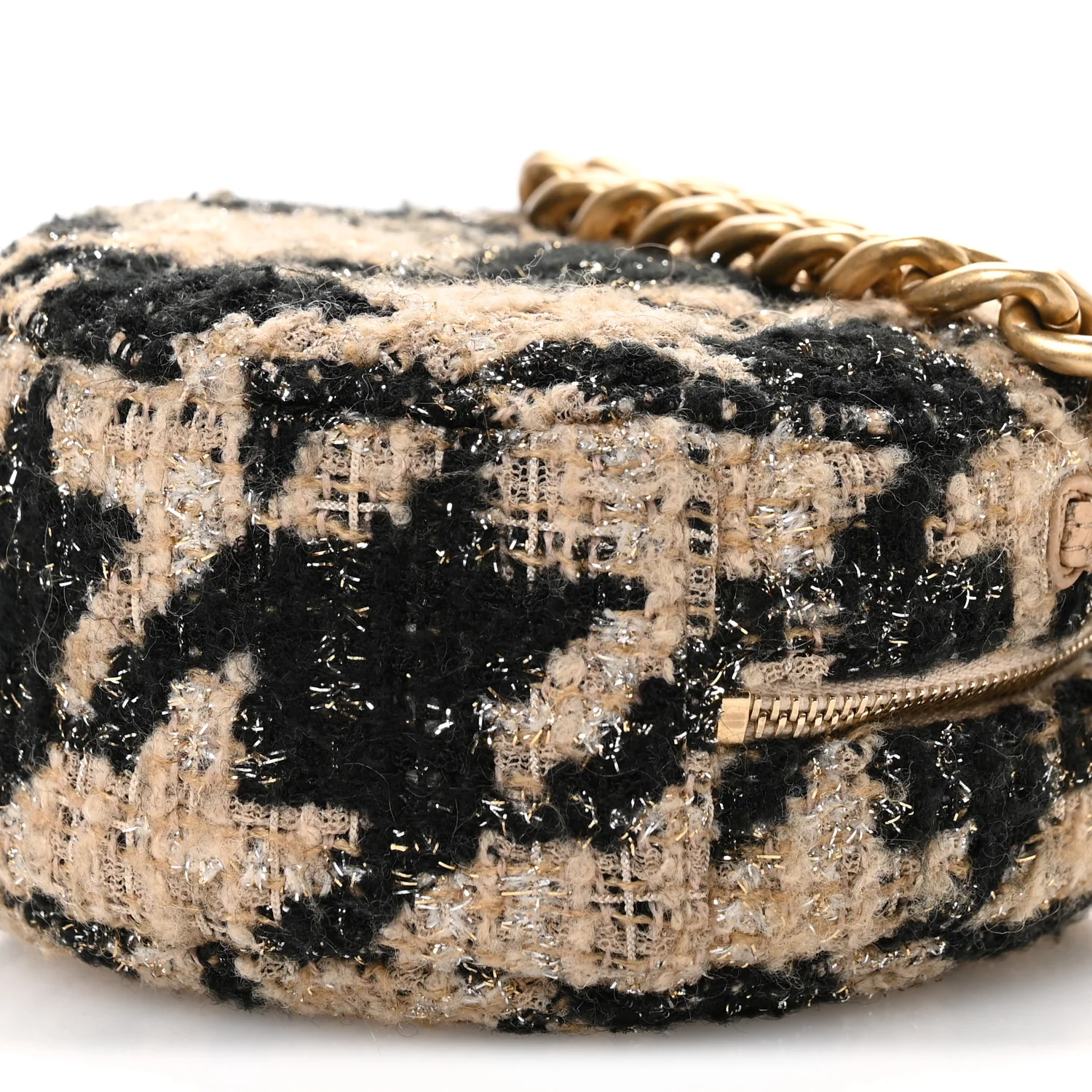 Wool Tweed Lambskin Quilted Chanel 19 Round Clutch With Chain and Coin Purse Beige Black - Image 12