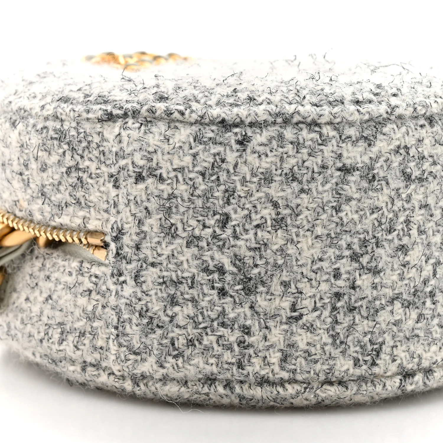 Wool Tweed Lambskin Quilted Chanel 19 Round Clutch With Chain Grey Ecru - Image 10