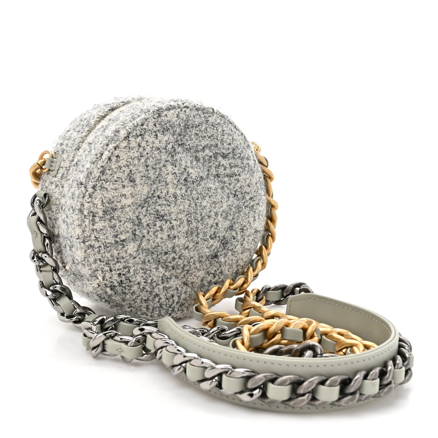Wool Tweed Lambskin Quilted Chanel 19 Round Clutch With Chain Grey Ecru - Image 2