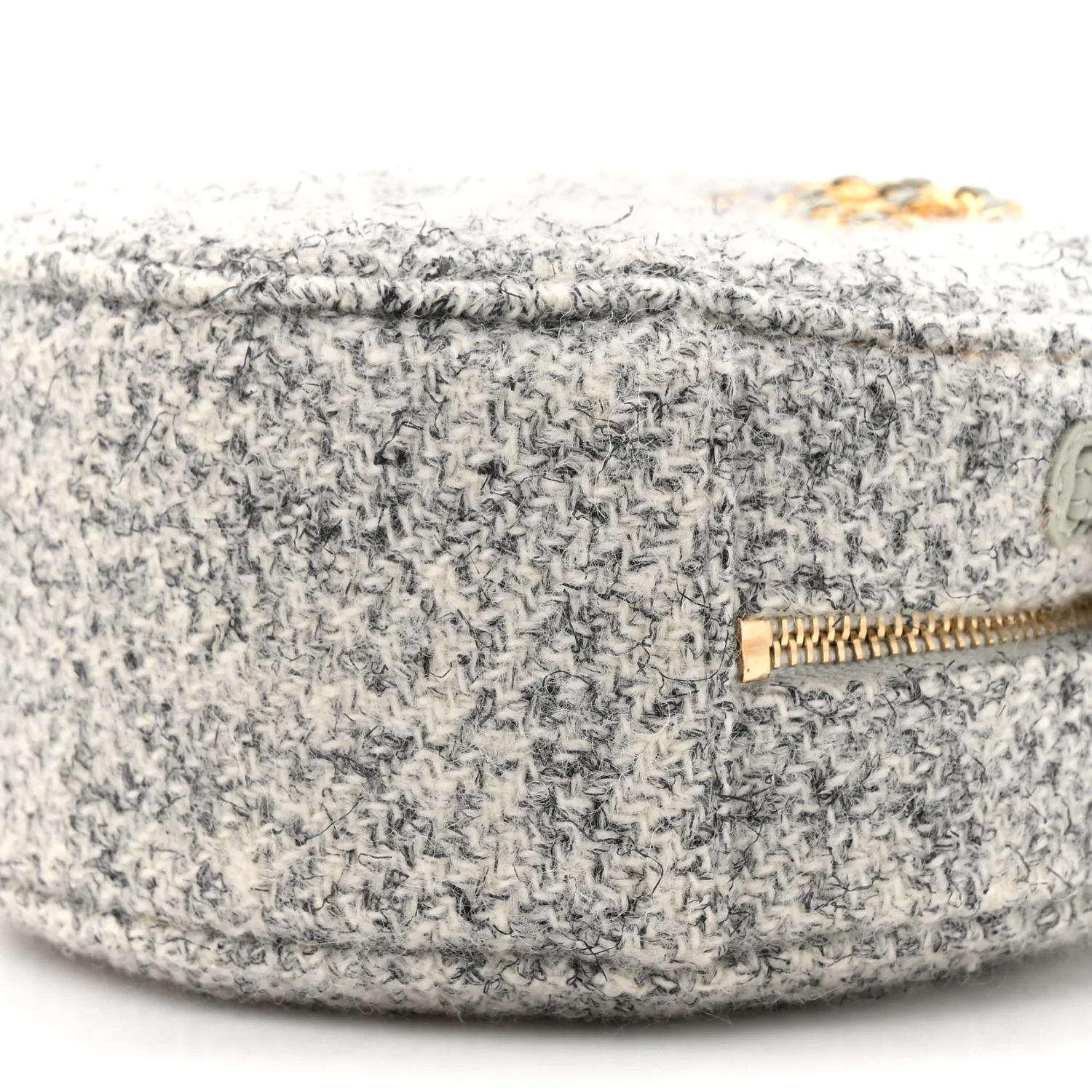 Wool Tweed Lambskin Quilted Chanel 19 Round Clutch With Chain Grey Ecru - Image 9
