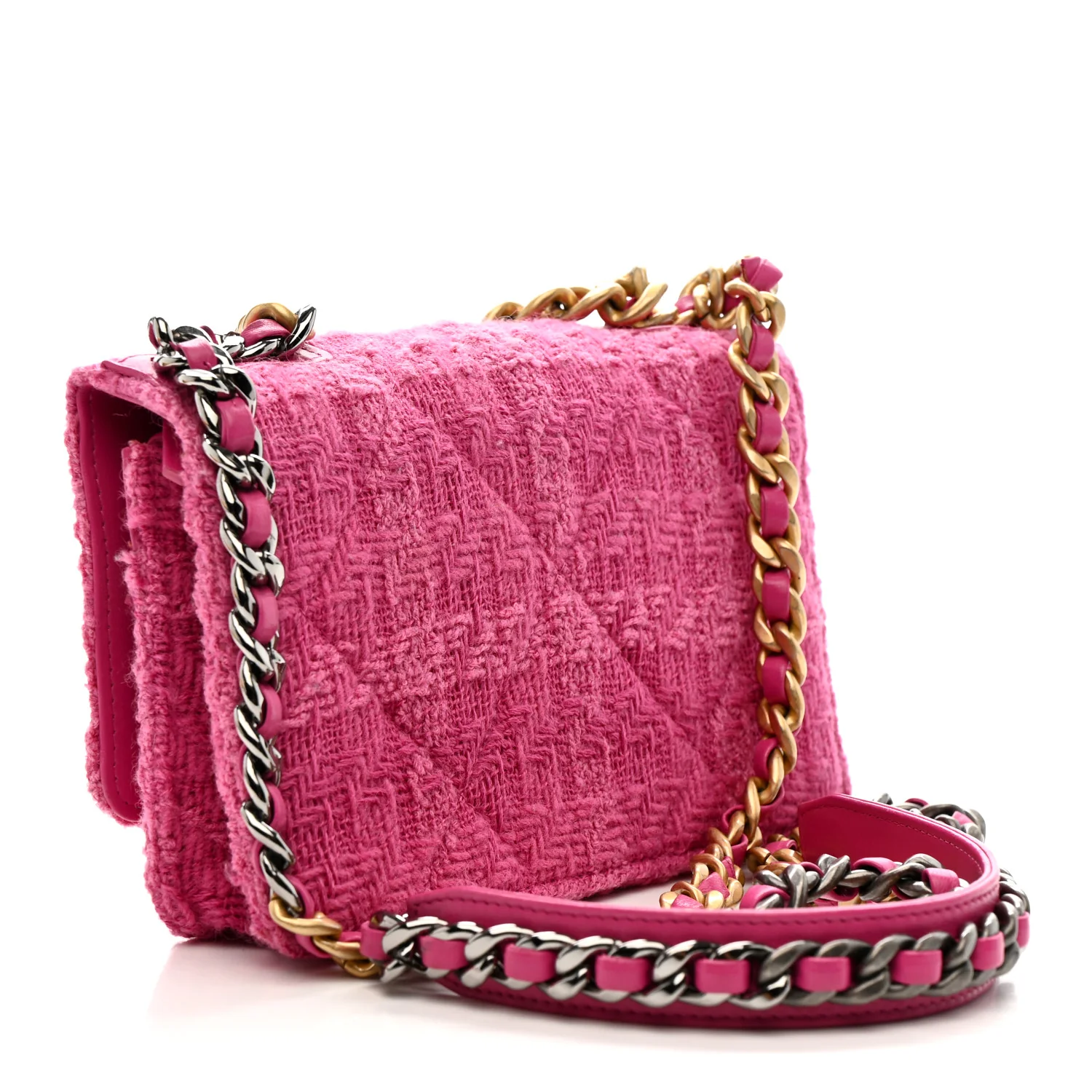 Wool Tweed Lambskin Quilted Chanel 19 Wallet On Chain WOC Fuchsia - Image 3