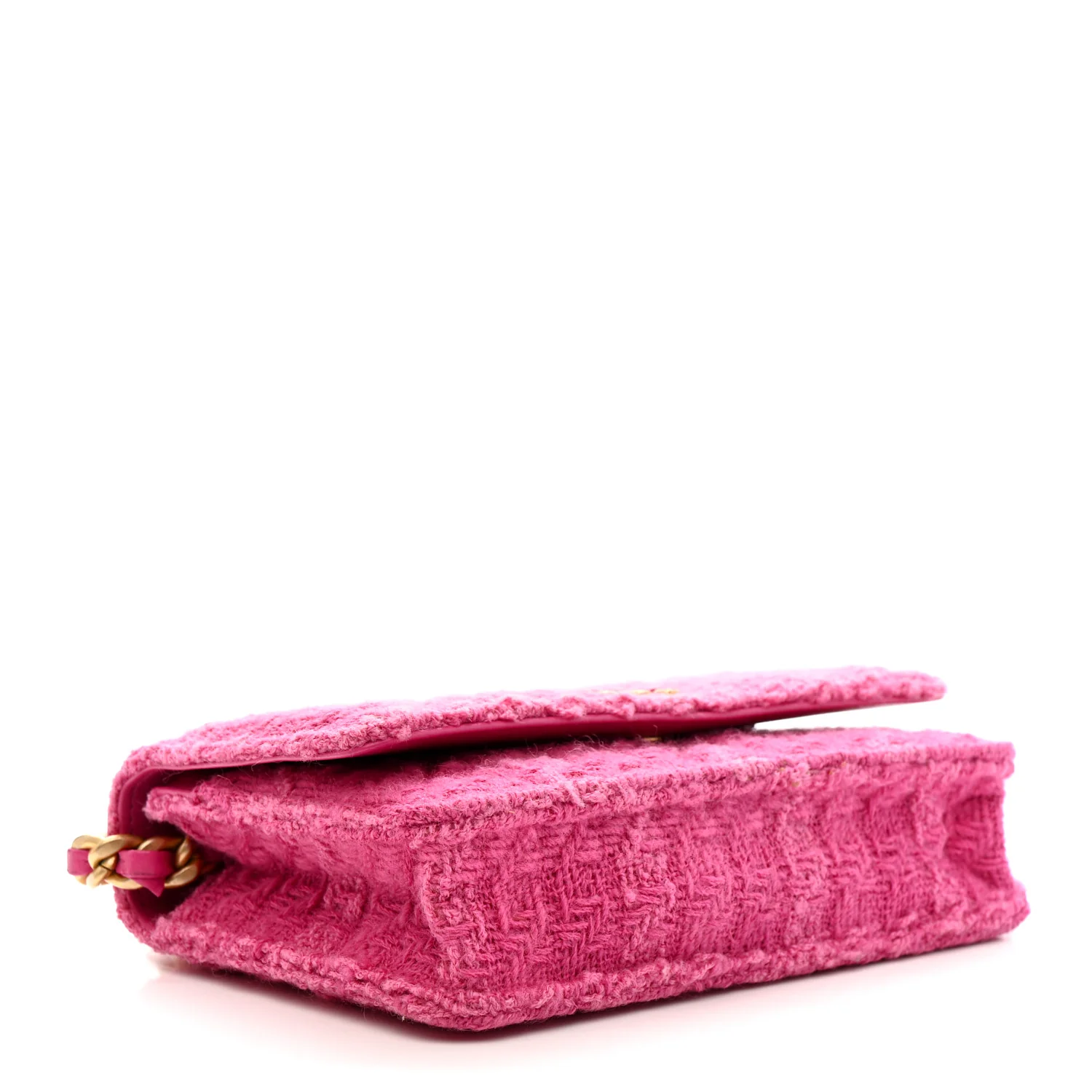 Wool Tweed Lambskin Quilted Chanel 19 Wallet On Chain WOC Fuchsia - Image 4